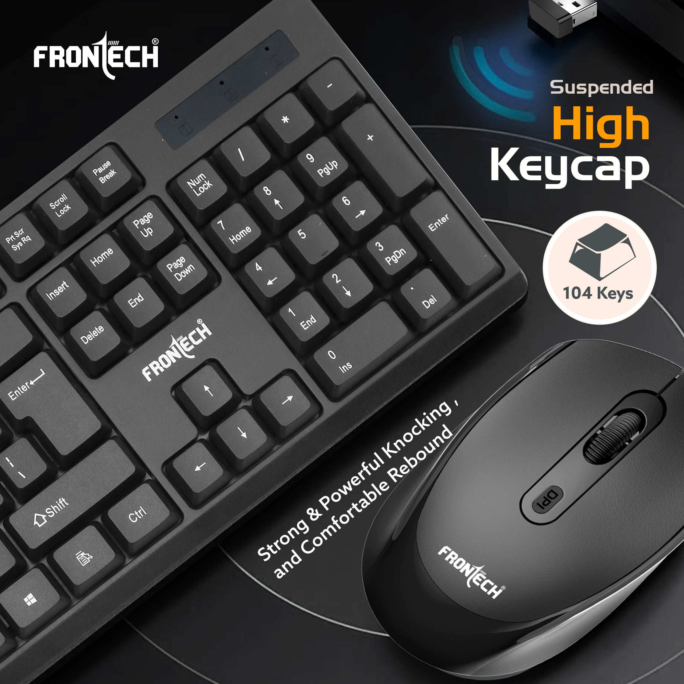 Frontech KB-0028P Wireless Keyboard and Mouse Combo | 2.4GHz Connectivity | 104 Keys | 1600 DPI Mouse | Ergonomic Design | USB Nano Receiver | Compatible with Laptop & PC | Black