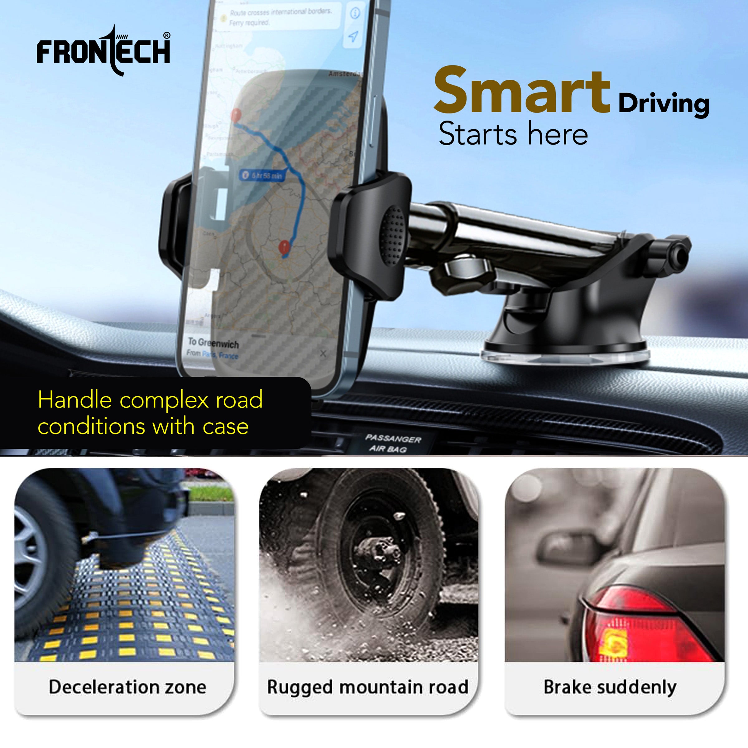 FRONTECH 360° Rotating Car Phone Holder – One-Hand Operation, Adjustable Angle & Height, Anti-Slip Silicone Pad, Strong Sticky Gel Base – Universal Phone Mount for Smart Driving (CCH-0012)