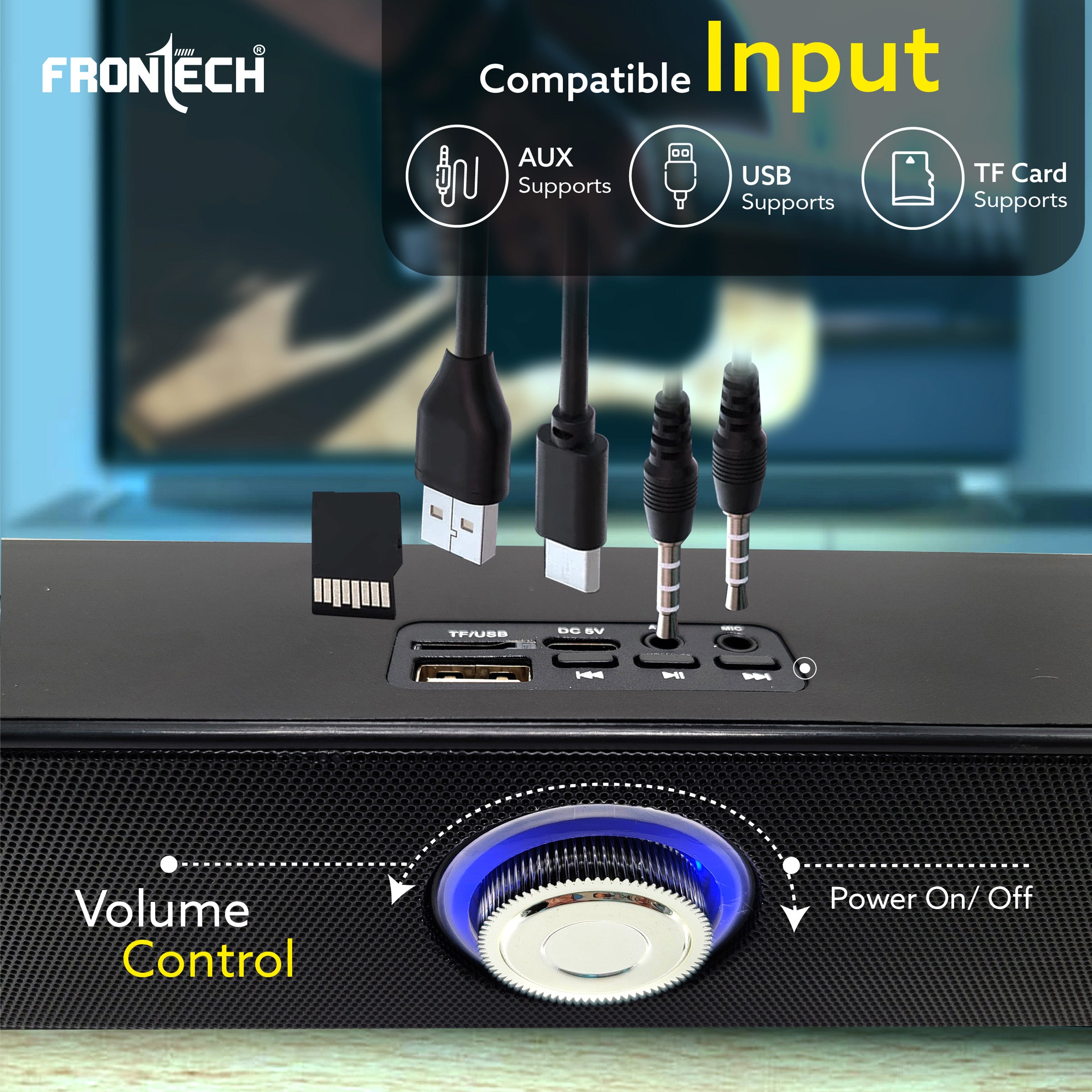 FRONTECH ECHOLITE-71 Mini Soundbar: 40W Bluetooth 5.0 Portable Home Theater Speaker with AUX/USB/TF Card & 2400mAh Battery. (SW-0071)