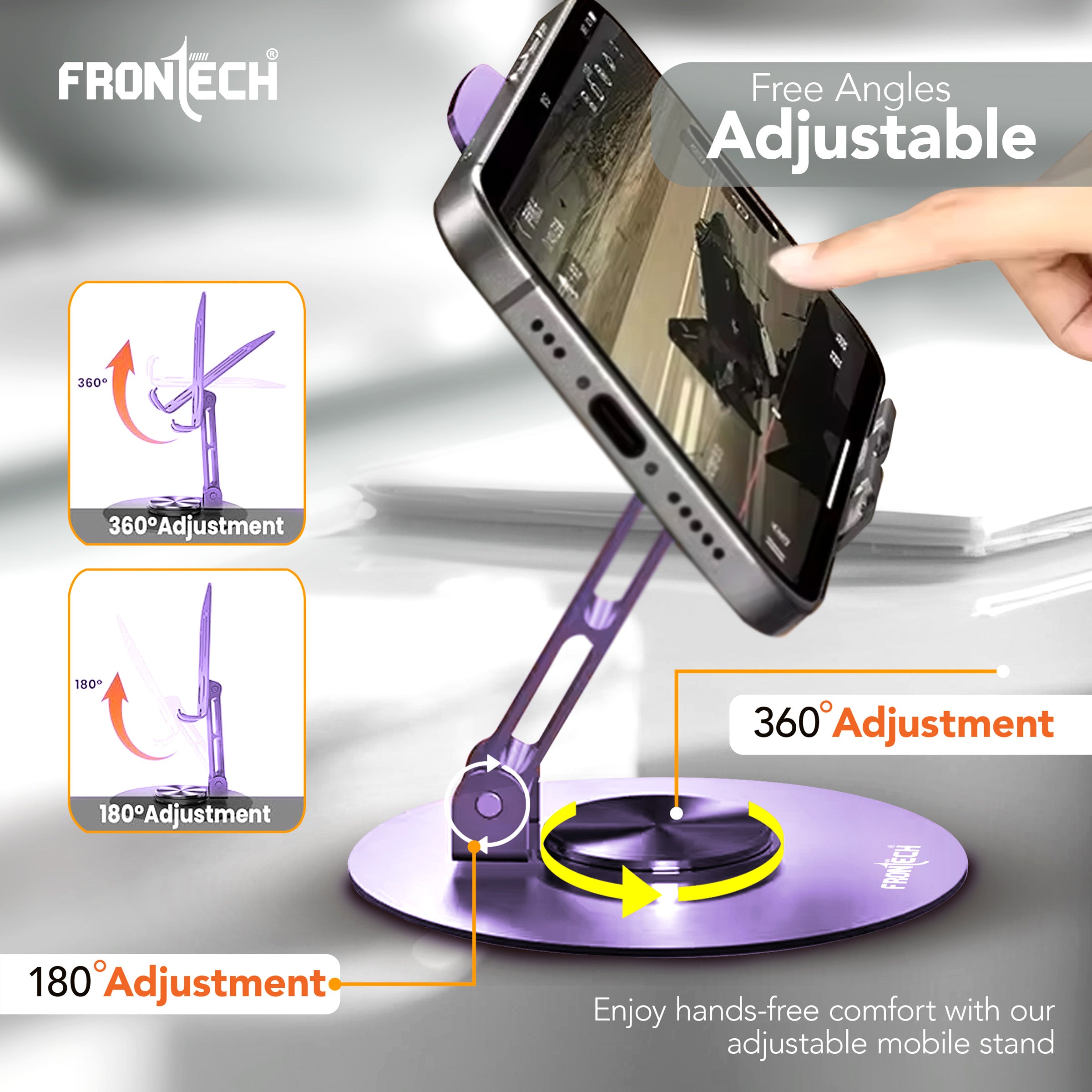 Frontech Mobile Holder, 360° Rotatable & Foldable Mobile Phone Holder With Stable Metallic base,Adjustable Height, Anti Skid Pad,Tabletop Mobile Phone Stand for all Smartphones. (CCH-0014LP)