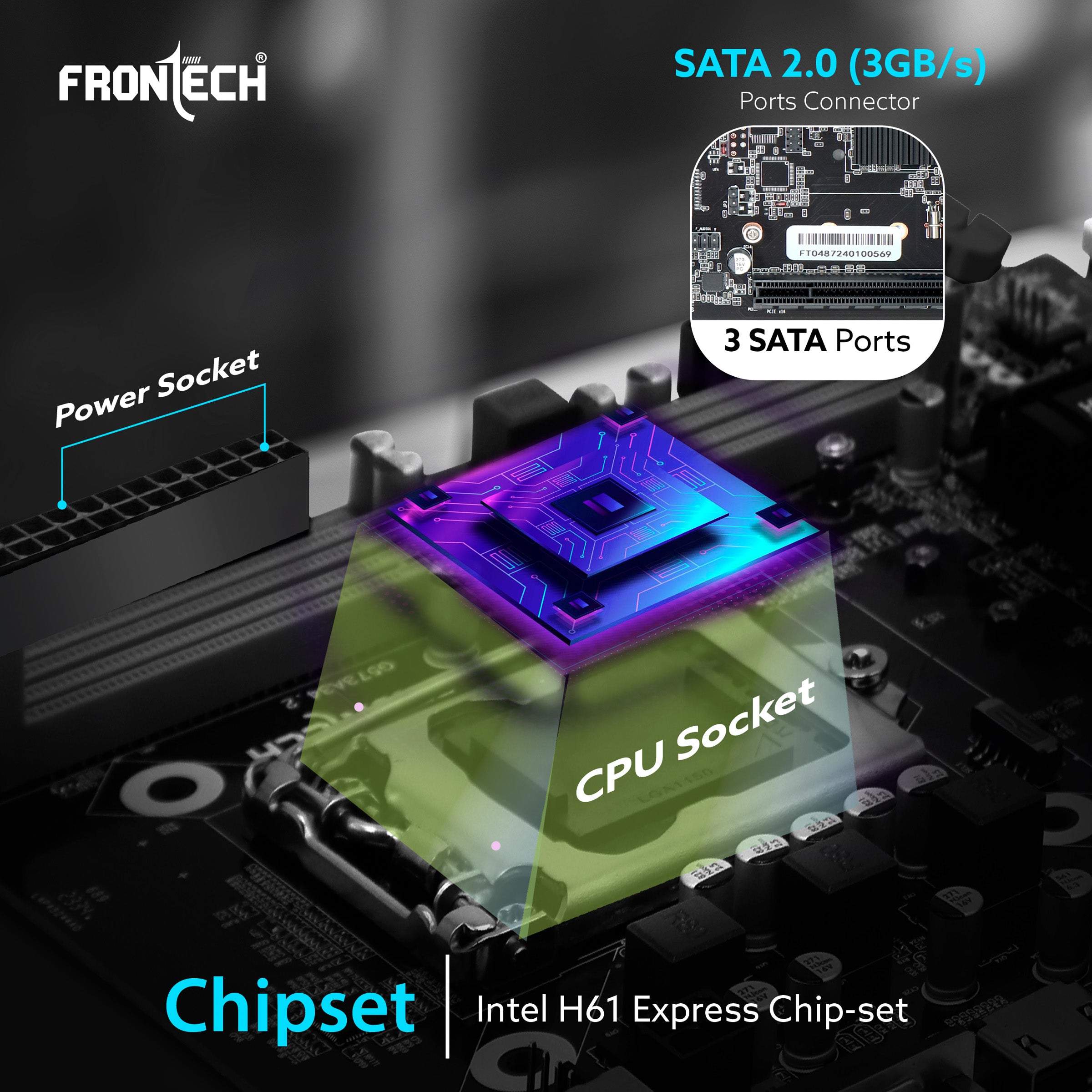 Frontech H61 Motherboard | Intel H61 Chipset, LGA1155, Dual DDR3, SATA 2.0, PCIe, HD Audio (FT-0491)