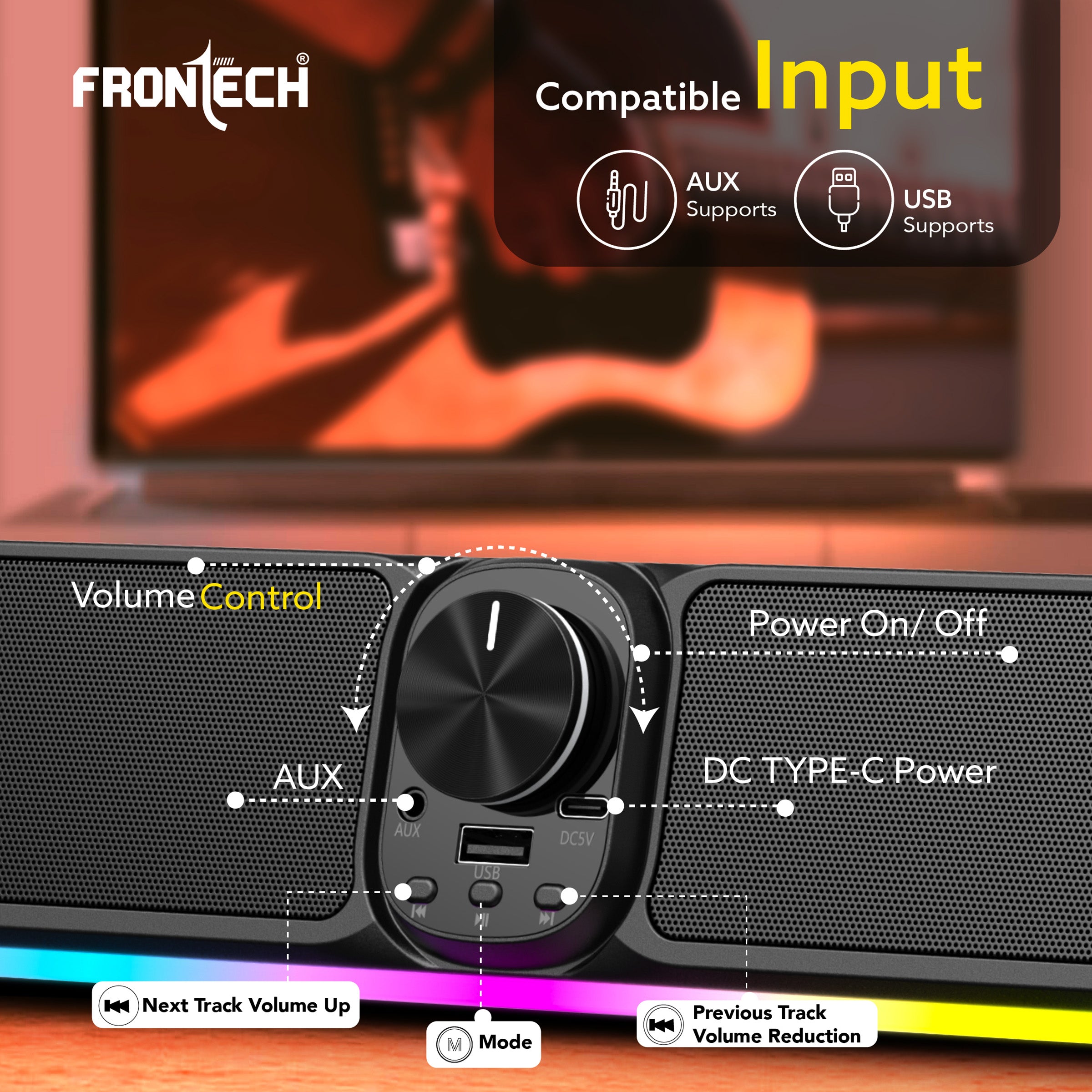 FRONTECH ECHOLITE Powerhouse 30W Mini Soundbar with RGB & Bluetooth 5.0 – Your All-in-One Audio Solution. (SW- 0181P)