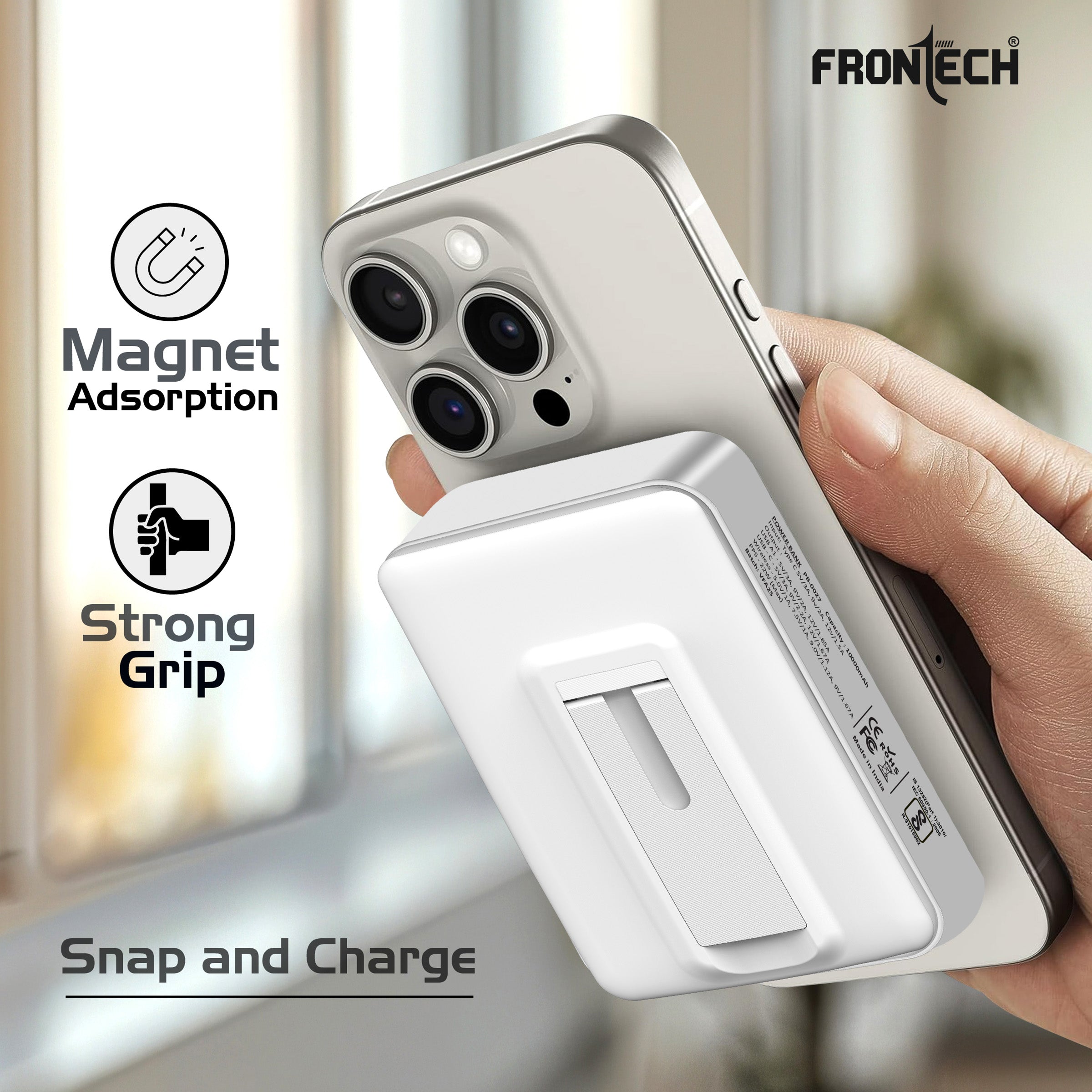 Frontech 10000mAh Magnetic Wireless Power Bank | 22W Fast Charging | Type-C & USB Output | Foldable Stand | BIS Approved –( PB-0027 )