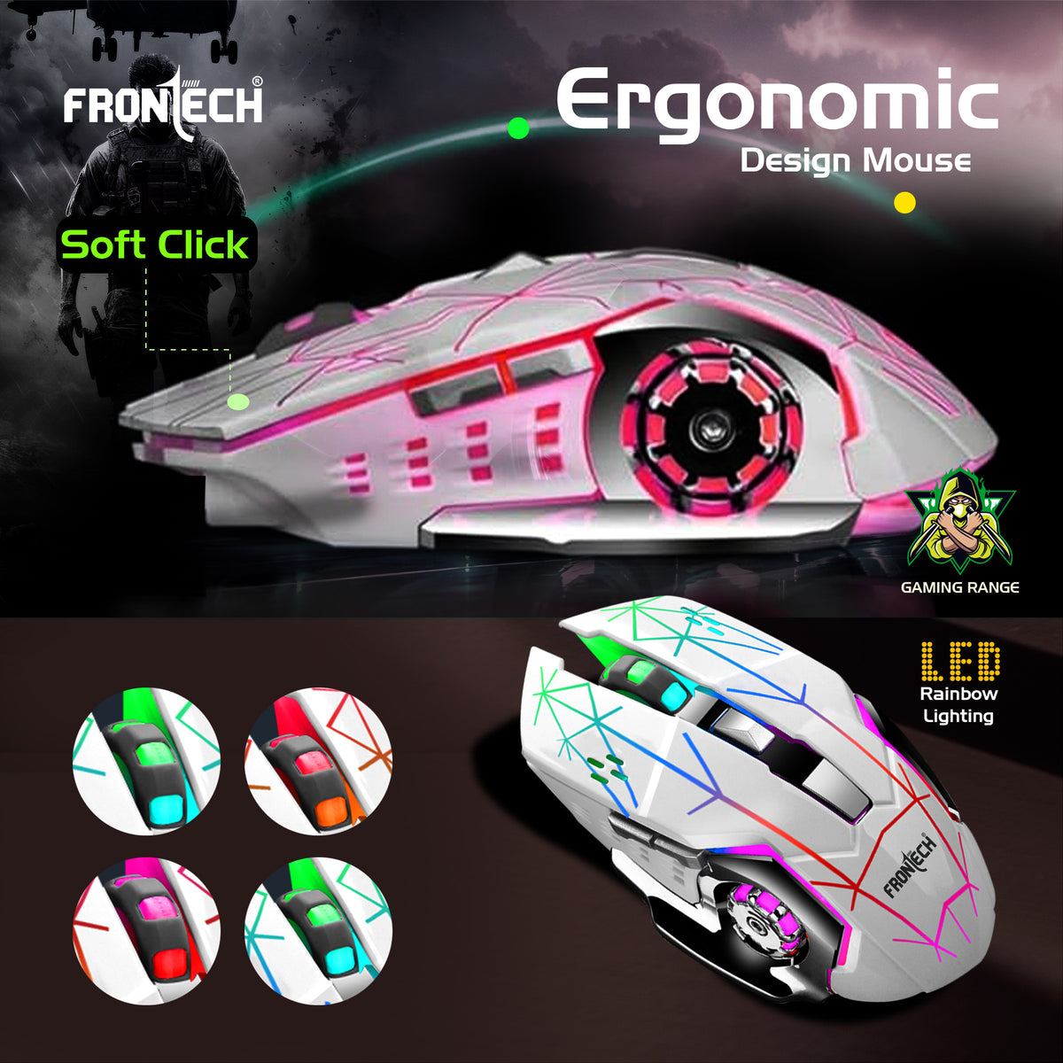 Frontech Wireless Gaming Keyboard & Mouse Combo|104 Keys Layout|2.4GHz|4800 DPI|6 button wireless optical mouse| Rechargeable Battery|1 Year Warranty