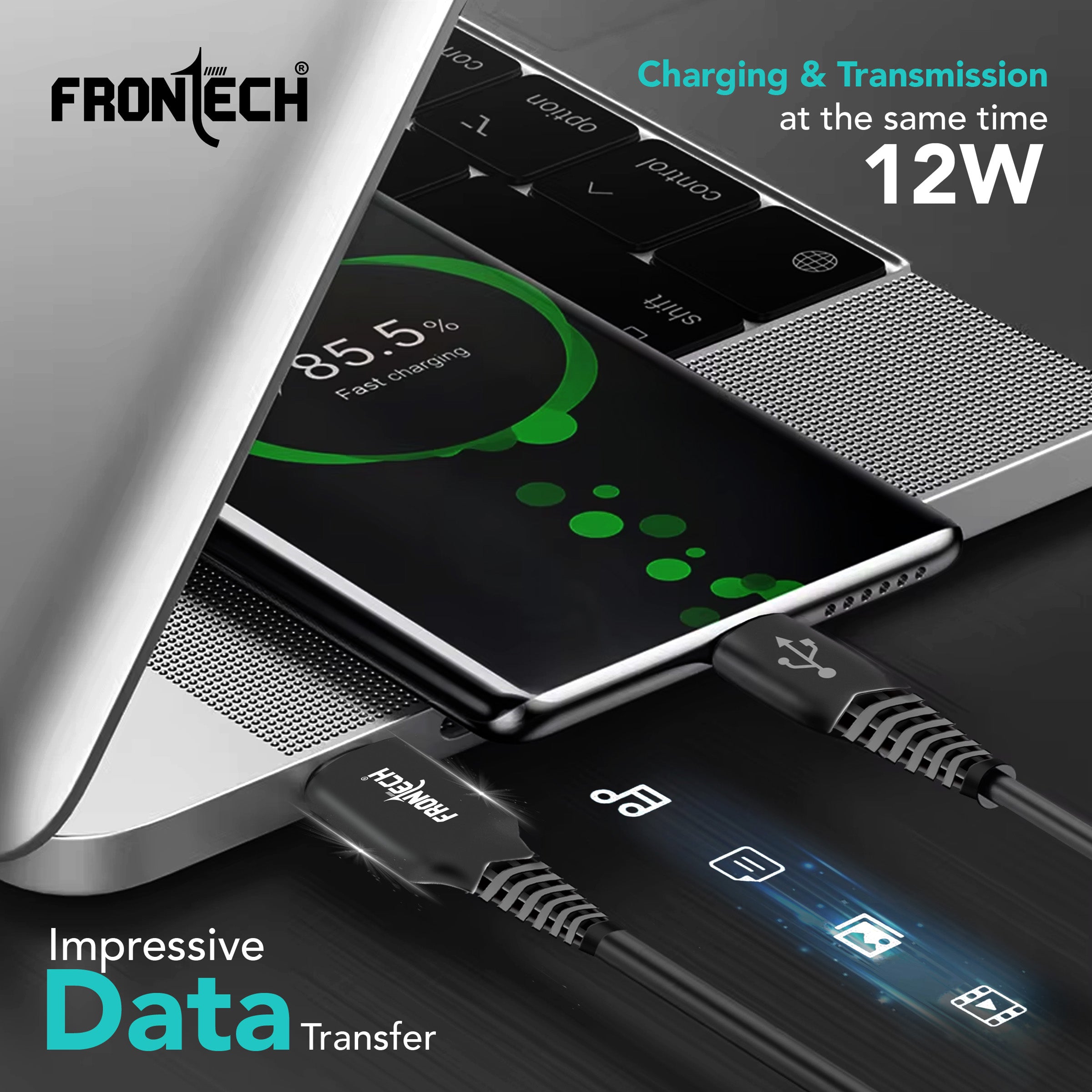 FRONTECH 12W / 2.4A Super Fast Charging 1M PVC USB to Type-C Data Cable for Smartphones, Tablets, Laptops & other Micro USB V8 Devices, Charging and Data Sync (1023 - Black)