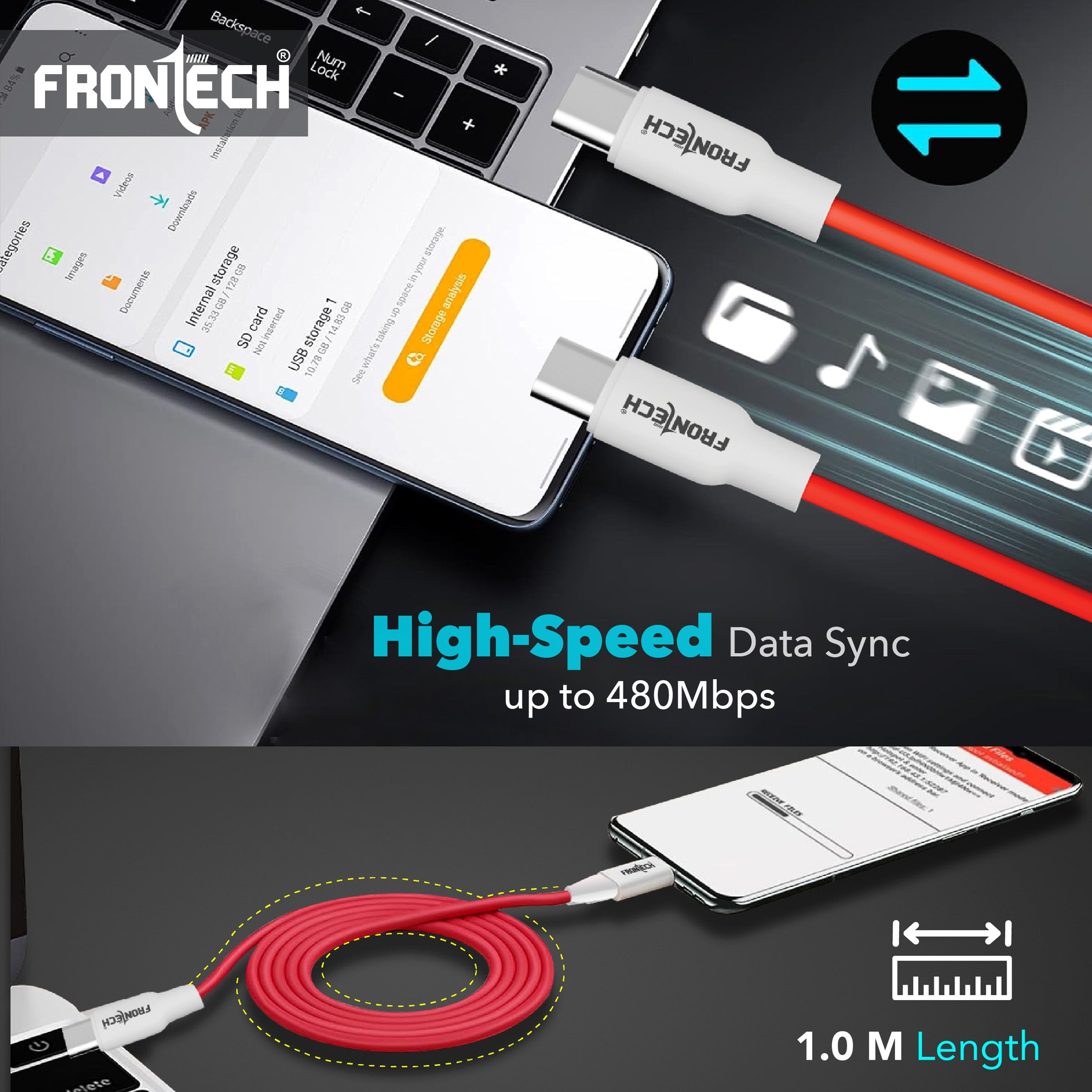 FRONTECH 65W Type-C to Type-C Super-Fast Charging | USB Data Cable 1.0M | Durable & Bend Resistant | 480Mbps | High-Speed Data Sync, Compatible with All Type-C Devices (FT-1045)
