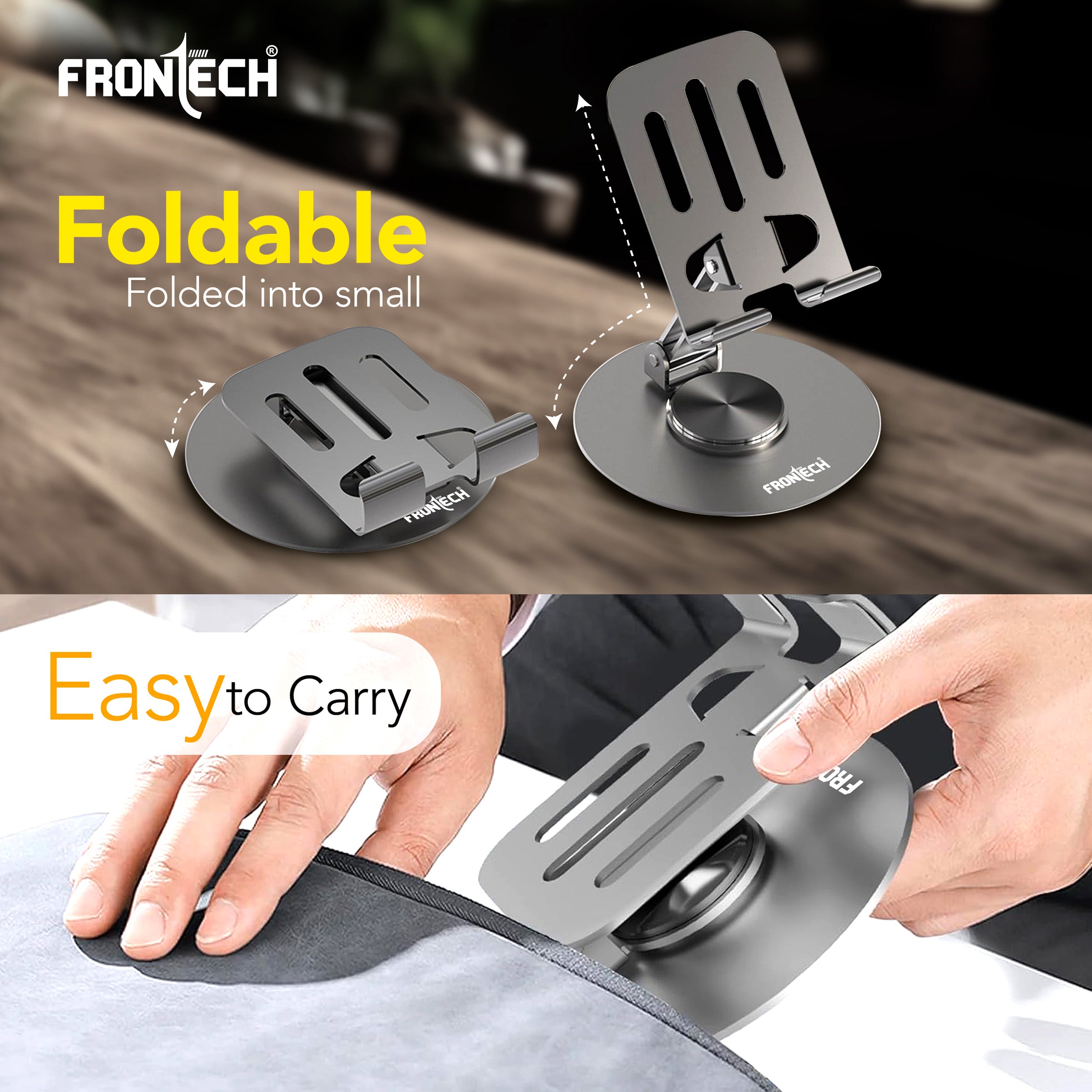 Frontech Mobile Holder, 360° Rotatable & Foldable Mobile Phone Holder With Stable Metallic base,Adjustable Height, Anti Skid Pad,Tabletop Mobile Phone Stand for all Smartphones. (CCH-0014GRY)