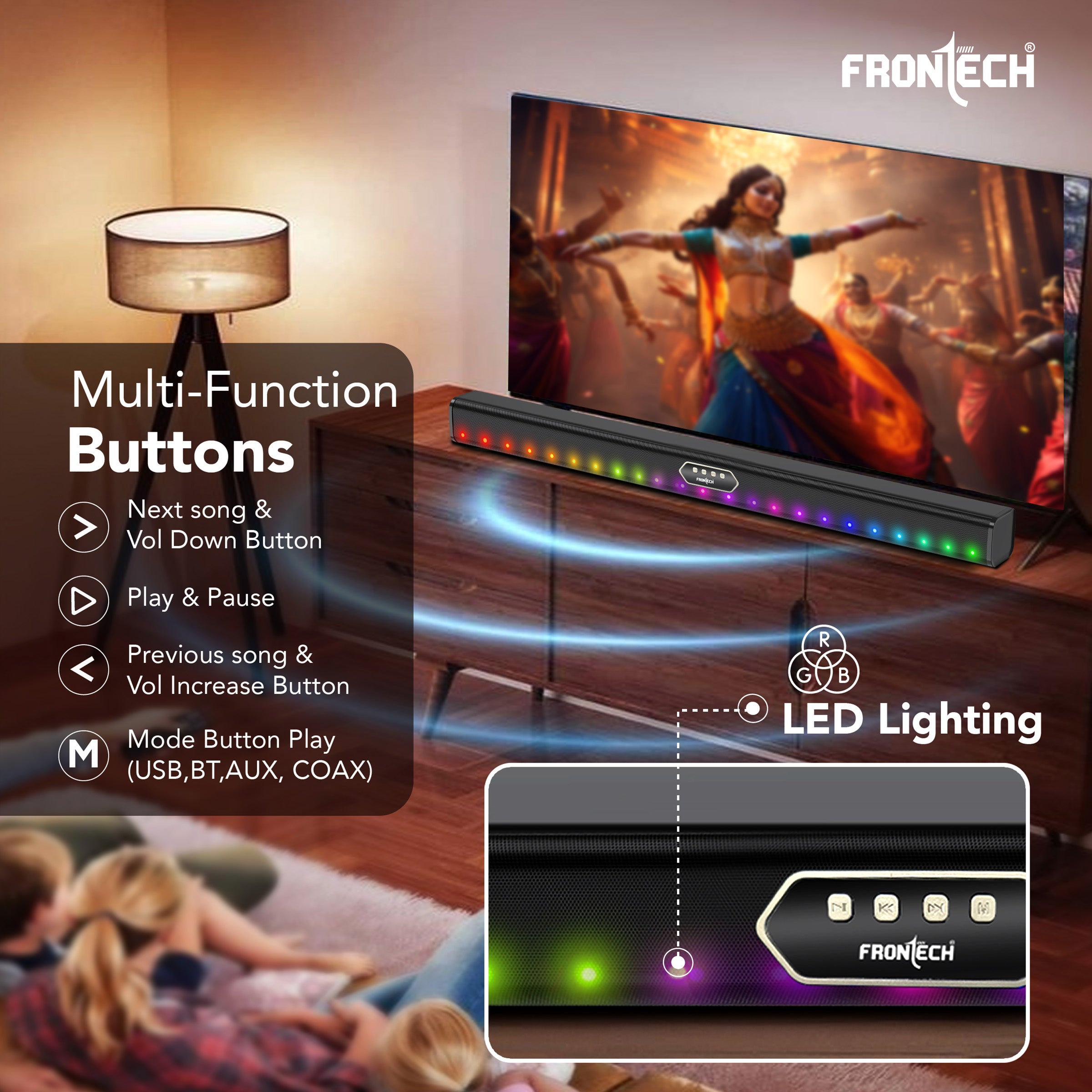 Frontech ECHOBAR | 50W | Bluetooth 5.3 Soundbar with RGB LED Lights | 2400 mAh Battery | AUX/USB/TF/Coax Inputs | Wall Mountable | Portable Speaker for TV, PC & Gaming (SW 0194 )