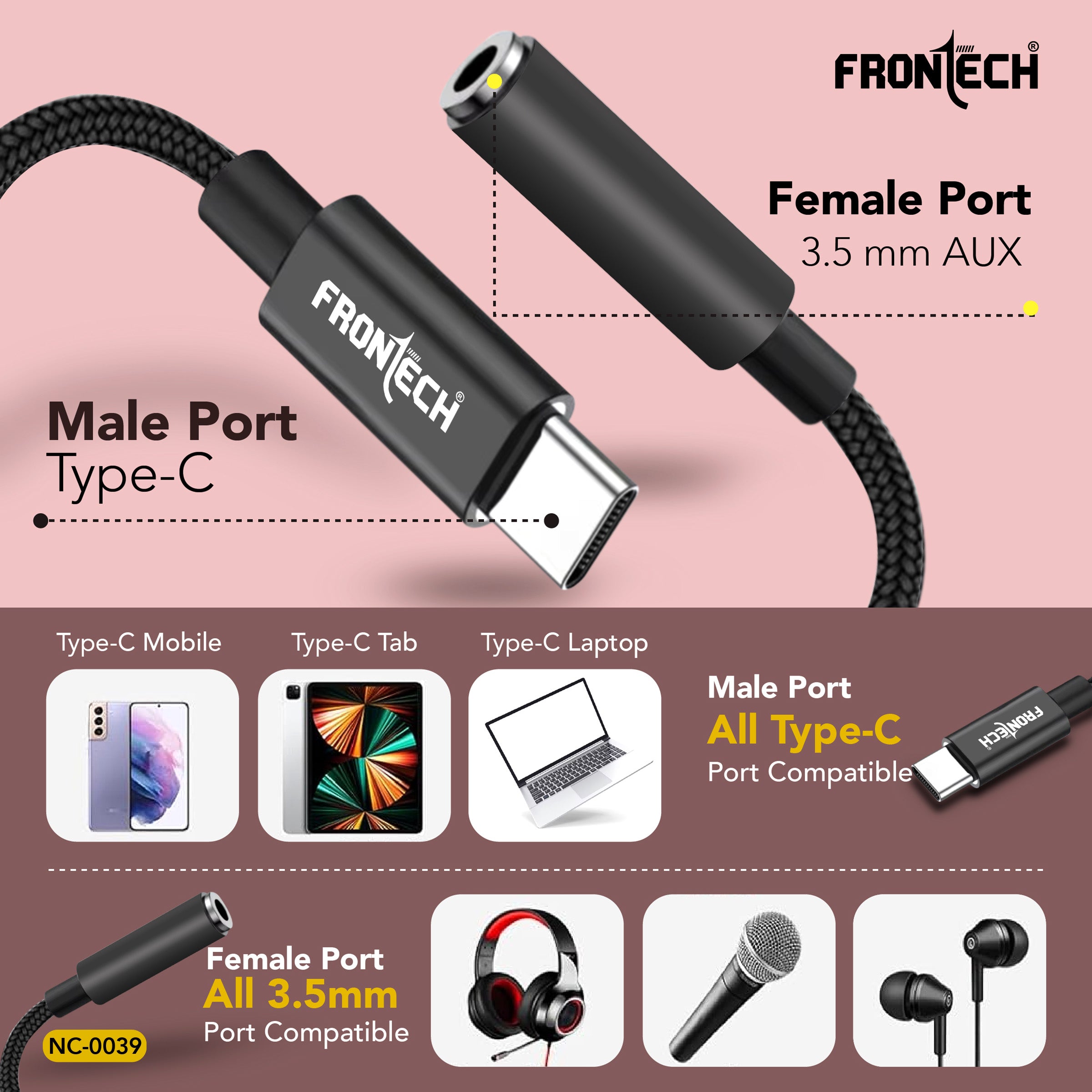 Frontech Audio Converter Type C to 3.5 mm Audio Jack Connector with DAC Headphone Converter Adapter (NC-0039)