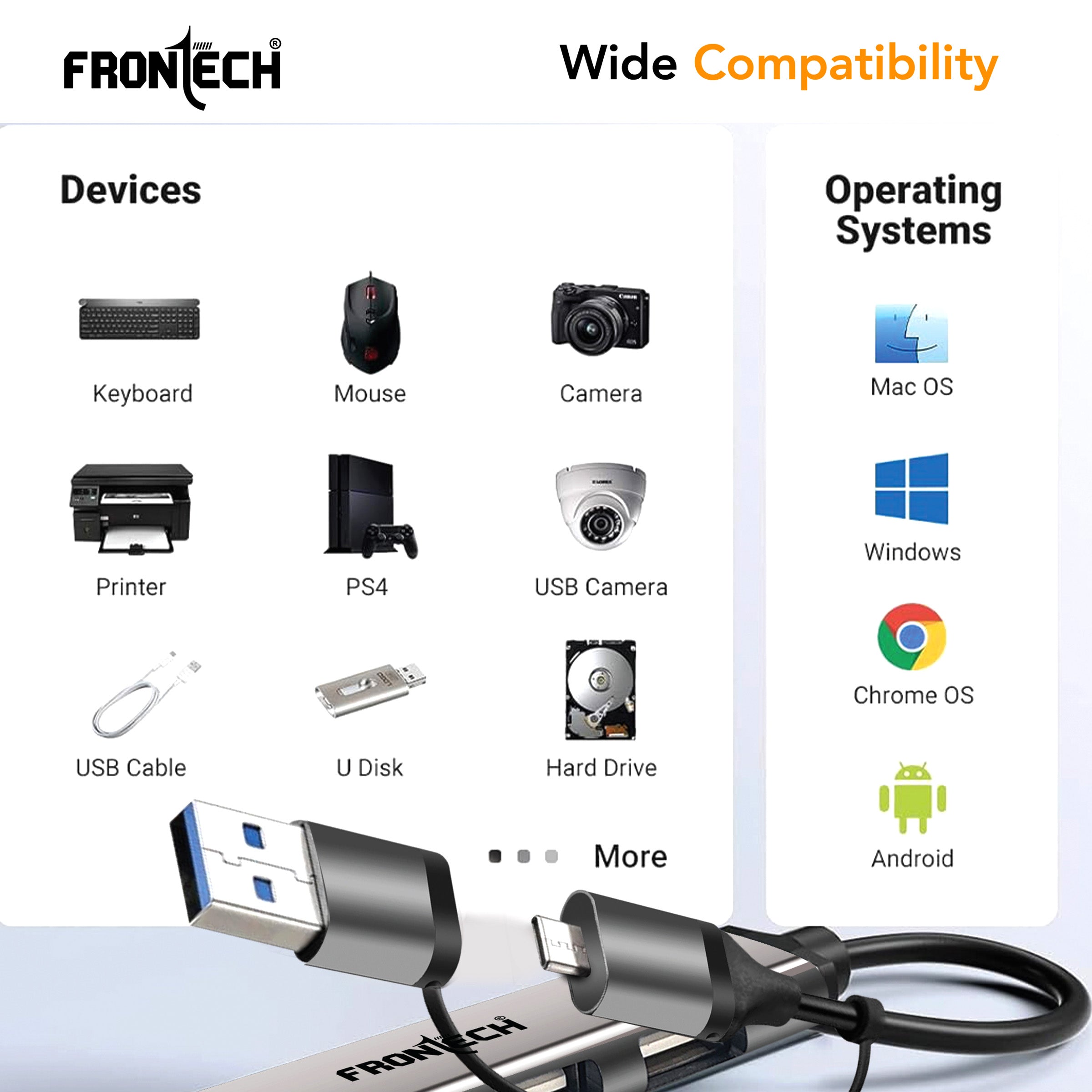 Frontech Type C+A 7 in 1 USB Hub, Upto 5GBPS DataTransfer Speed,Dedicated Card Reader & Micro SD Slot, Universally Compatible with All USB,Speaker,Laptop,Hard Drive,15cm Cable (NC-0043)