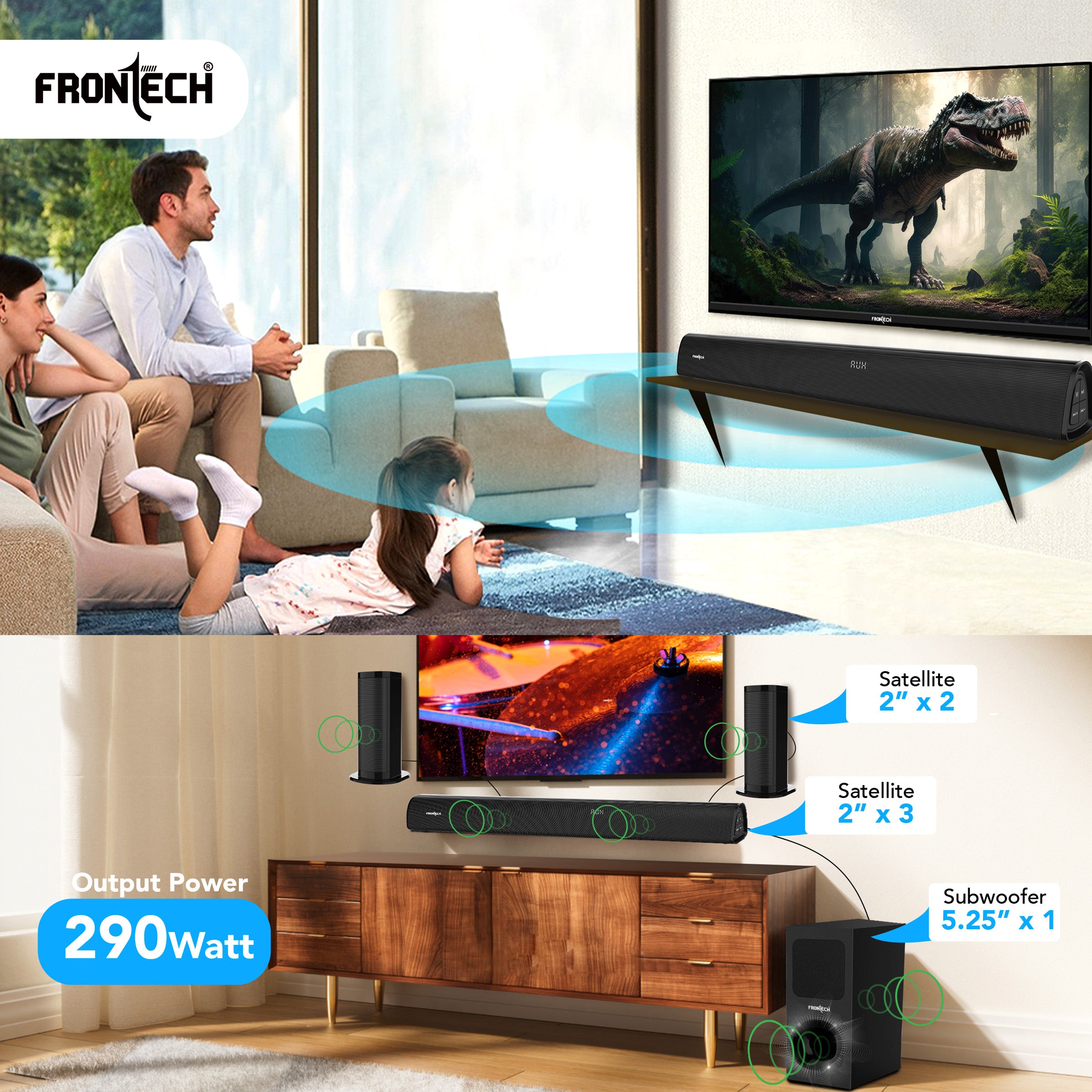 Frontech EchoMax-266 290W 5.1 Channel Sound Bar with Subwoofer | Home Theatre System for TV | Bluetooth, HDMI, AUX, USB | Wall Mountable | Deep Bass | Ideal for Movies, Music, Gaming (SW-0266)