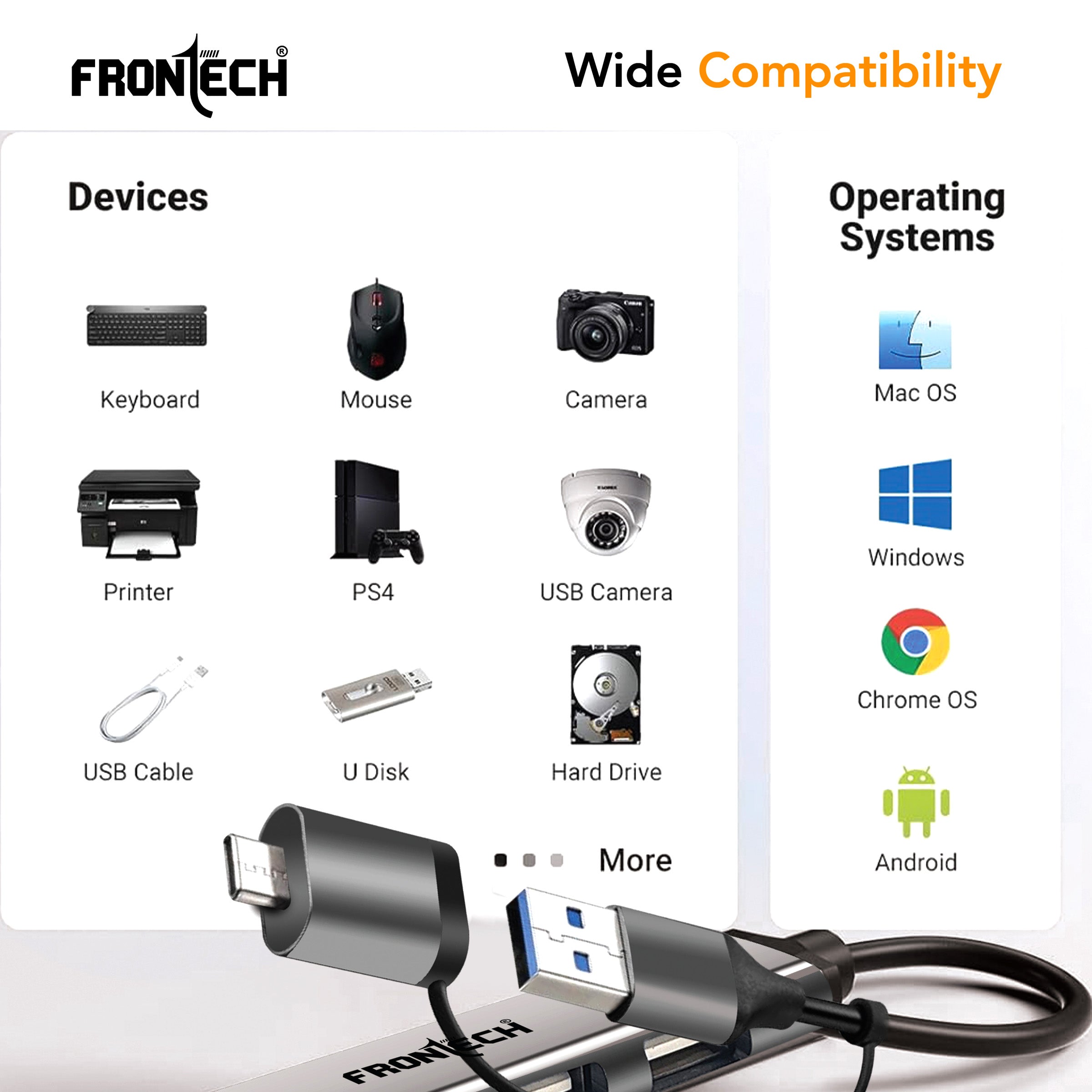 Frontech Type A+C 5 in 1 USB Hub, Upto 5GBPS DataTransfer Speed,Dedicated Card Reader & Micro SD Slot, Universally Compatible with All USB,Speaker,Laptop,Hard Drive,15cm Cable (NC-0040)