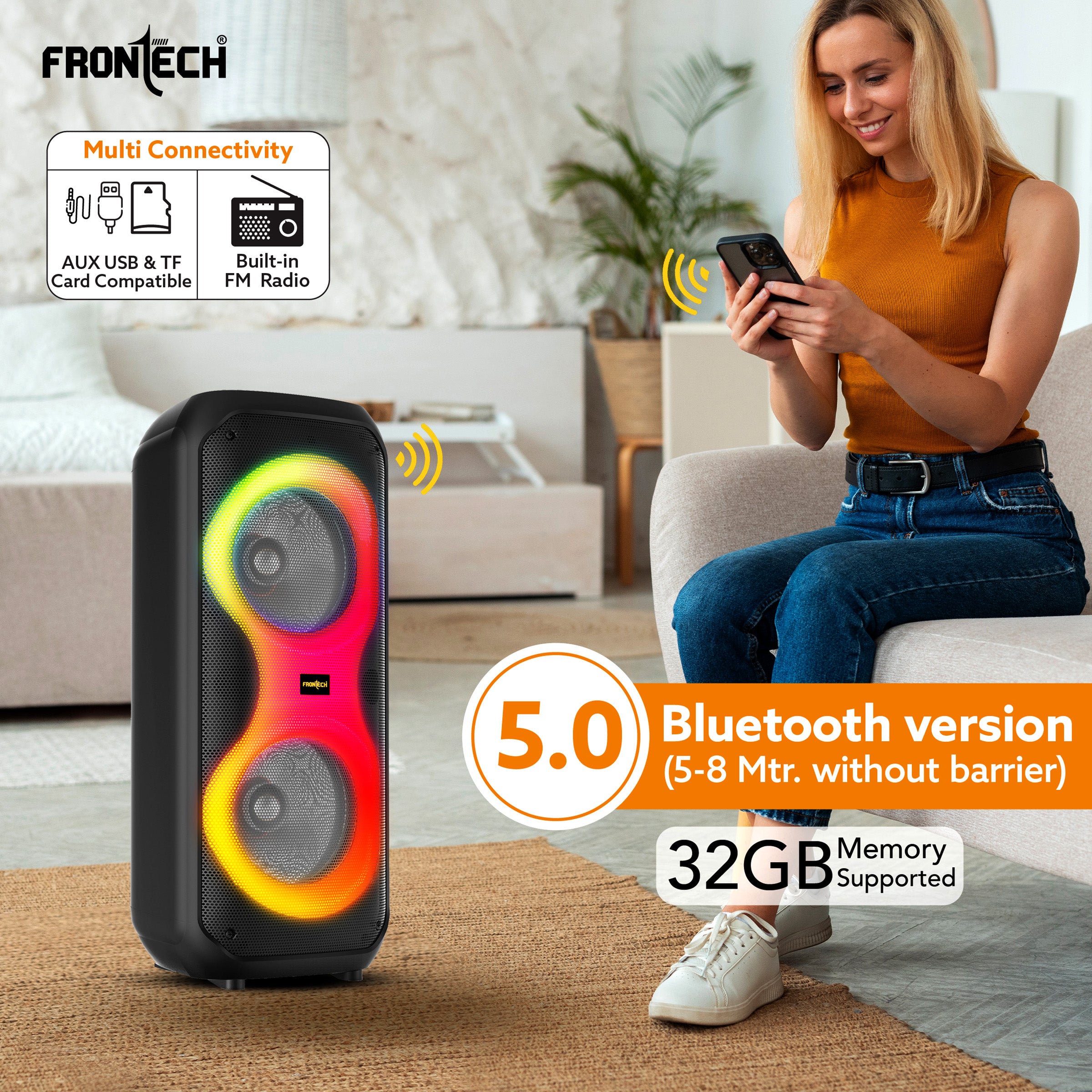 Frontech Smash Pro-21P 45W Portable Party Speaker | True Wireless Stereo | Karaoke Function with Wireless Mic | RGB LED Disco Lighting | Bluetooth 5.0 | FM Radio | USB, TF, AUX | Type-C Charging Port (SW-0021P)