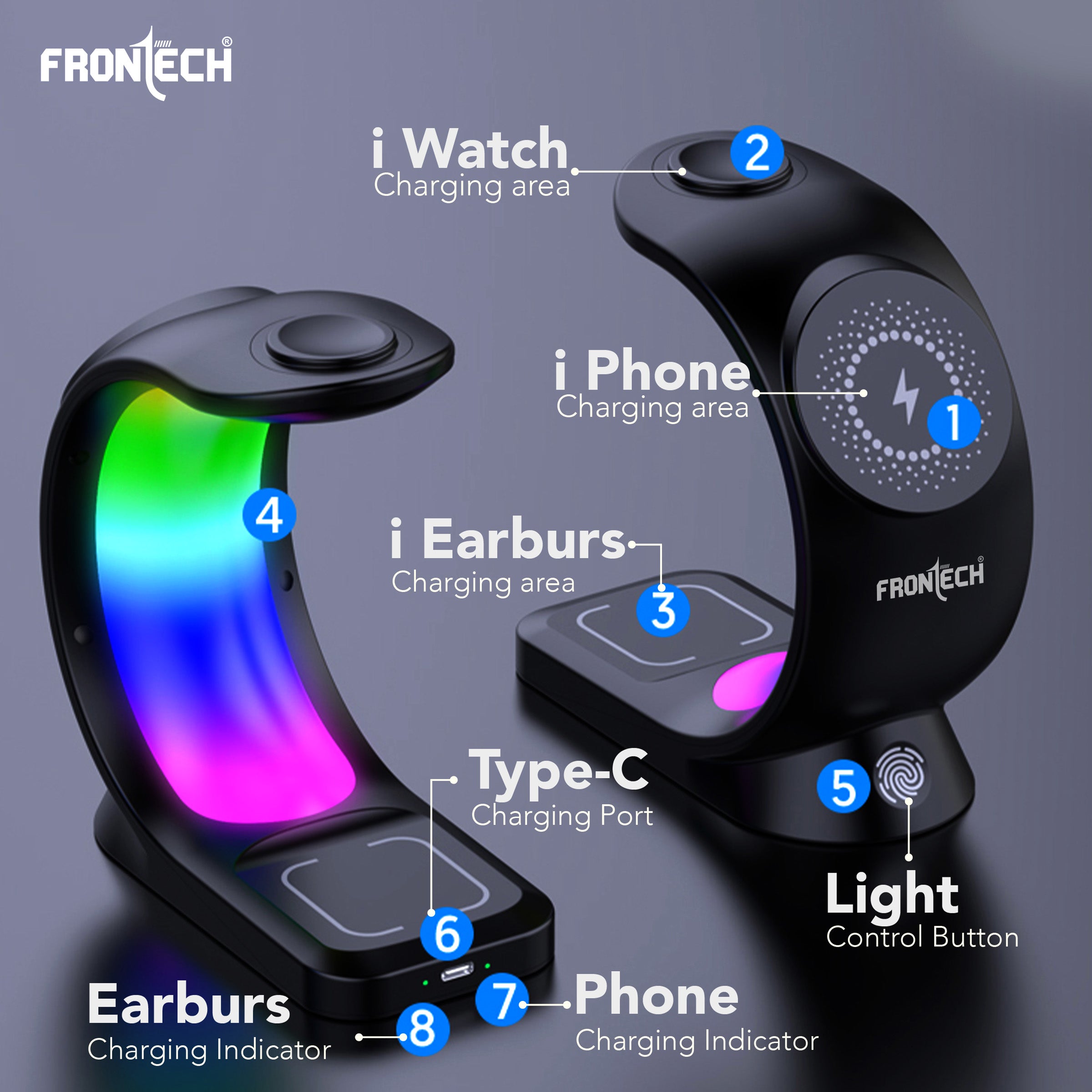 Frontech Magnetic 3-in-1 Wireless Charging Stand - Fast Charging | MagSafe Alignment | RGB Light | 360° Rotation (CCH-0016)