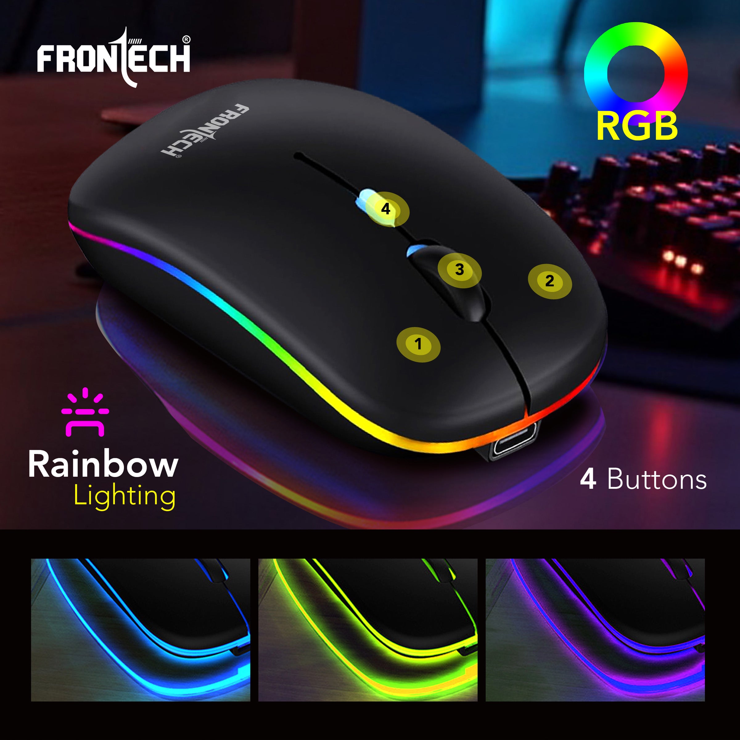 Frontech Wireless Mouse with Bluetooth 5.0 & 2.4 Ghz Dual Wireless Connectivity, Rechargeable Battery, Backlit Effect, Adjustable DPI up to 1600 Compatible with Laptop, MacBook, PC.(MS-0057)
