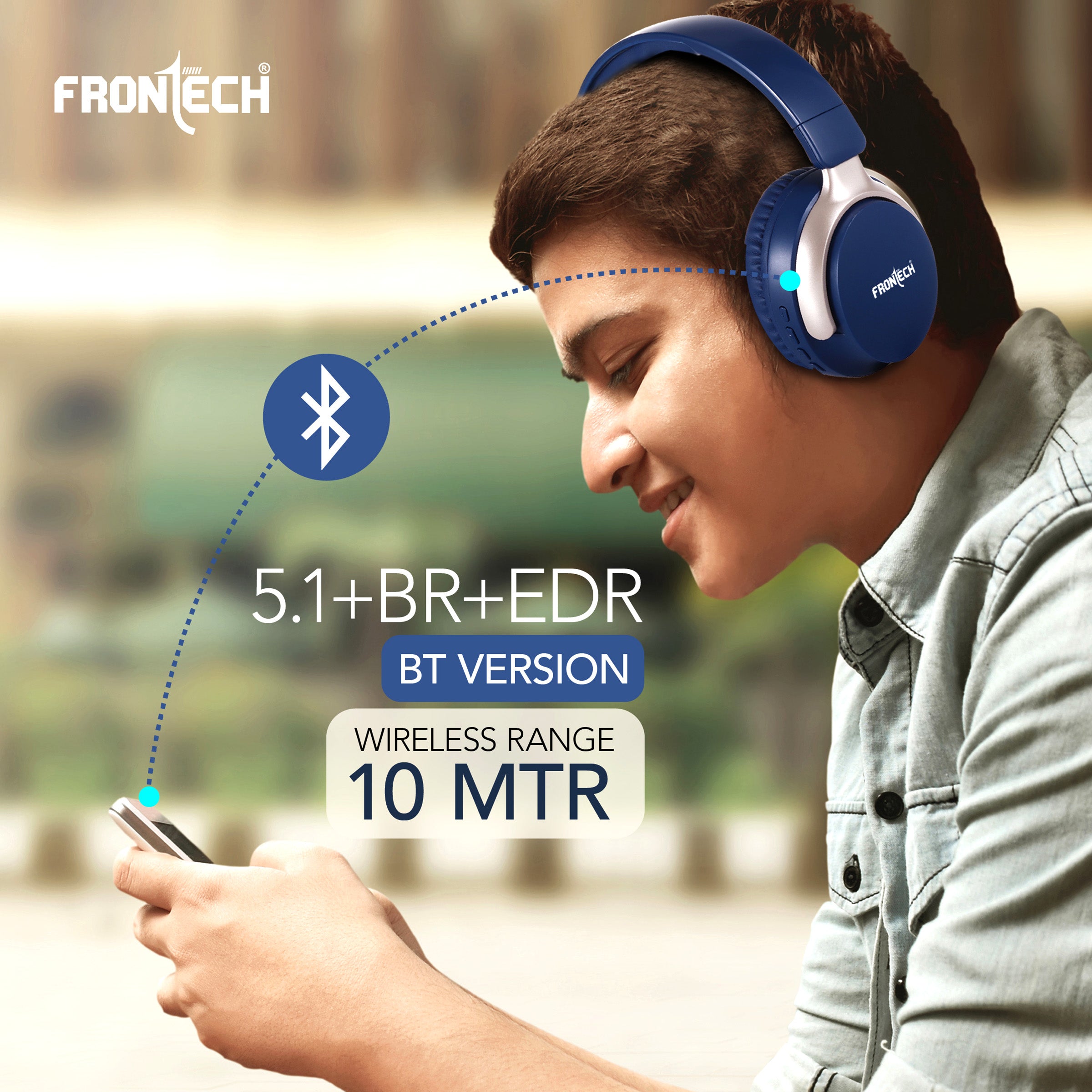 FRONTECH QHP-370 Wireless Headphones: 36HRS Playtime, 40mm Drivers, Dual Mode (BT 5.1 & AUX) - Deep Blue. (EF-0078)