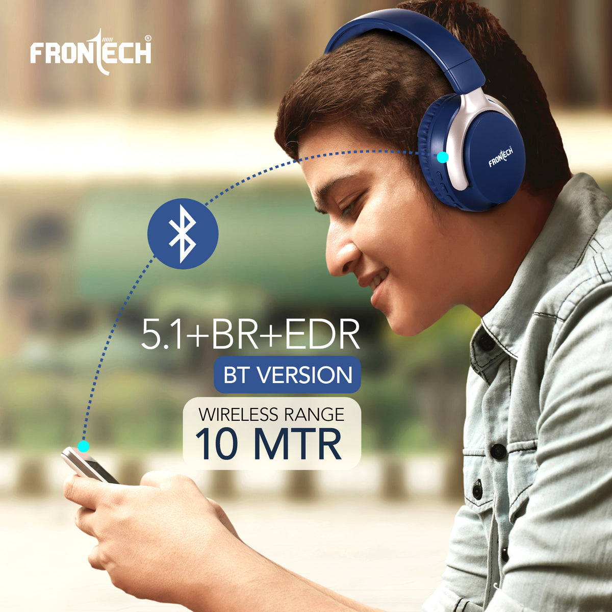Frontech QHP-370 Wireless Headphones: 36HRS Playtime, 40mm Drivers, Dual Mode (BT 5.1 & AUX) - Deep Blue. (EF-0078)