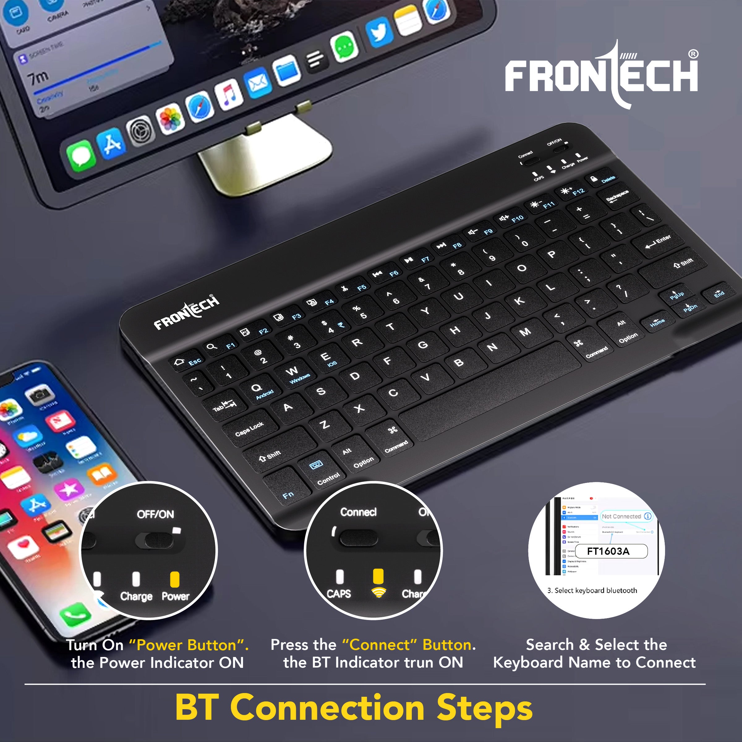 Frontech Ultra-Slim Wireless Mini Bluetooth Keyboard with 78 Keys, Rechargeable Battery, Compact Design for Windows/Mac/Android/iOS – Black (FT-1603A)