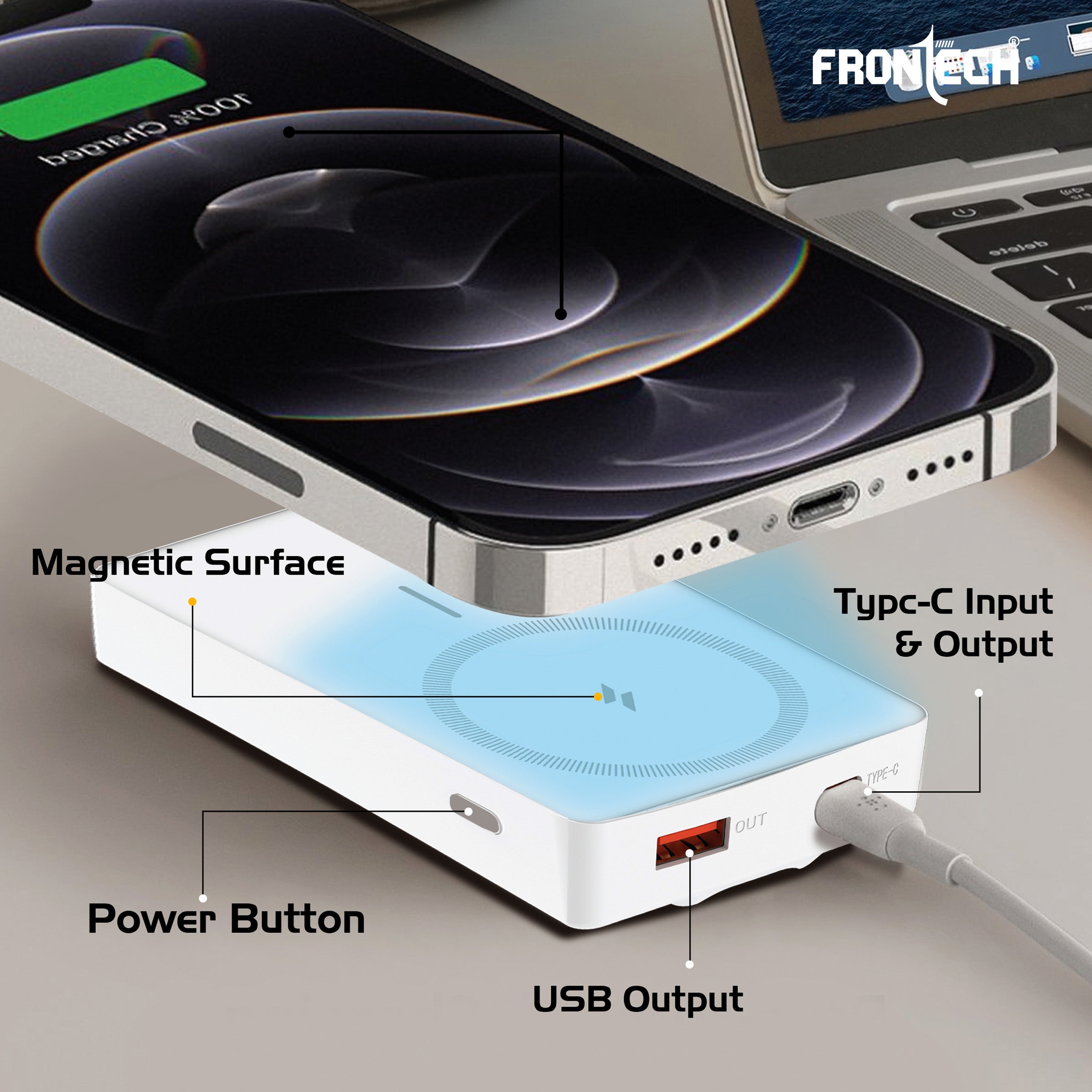 Frontech 10000mAh Magnetic Wireless Power Bank | 22W Fast Charging | Type-C & USB Output | Foldable Stand | BIS Approved –( PB-0027 )