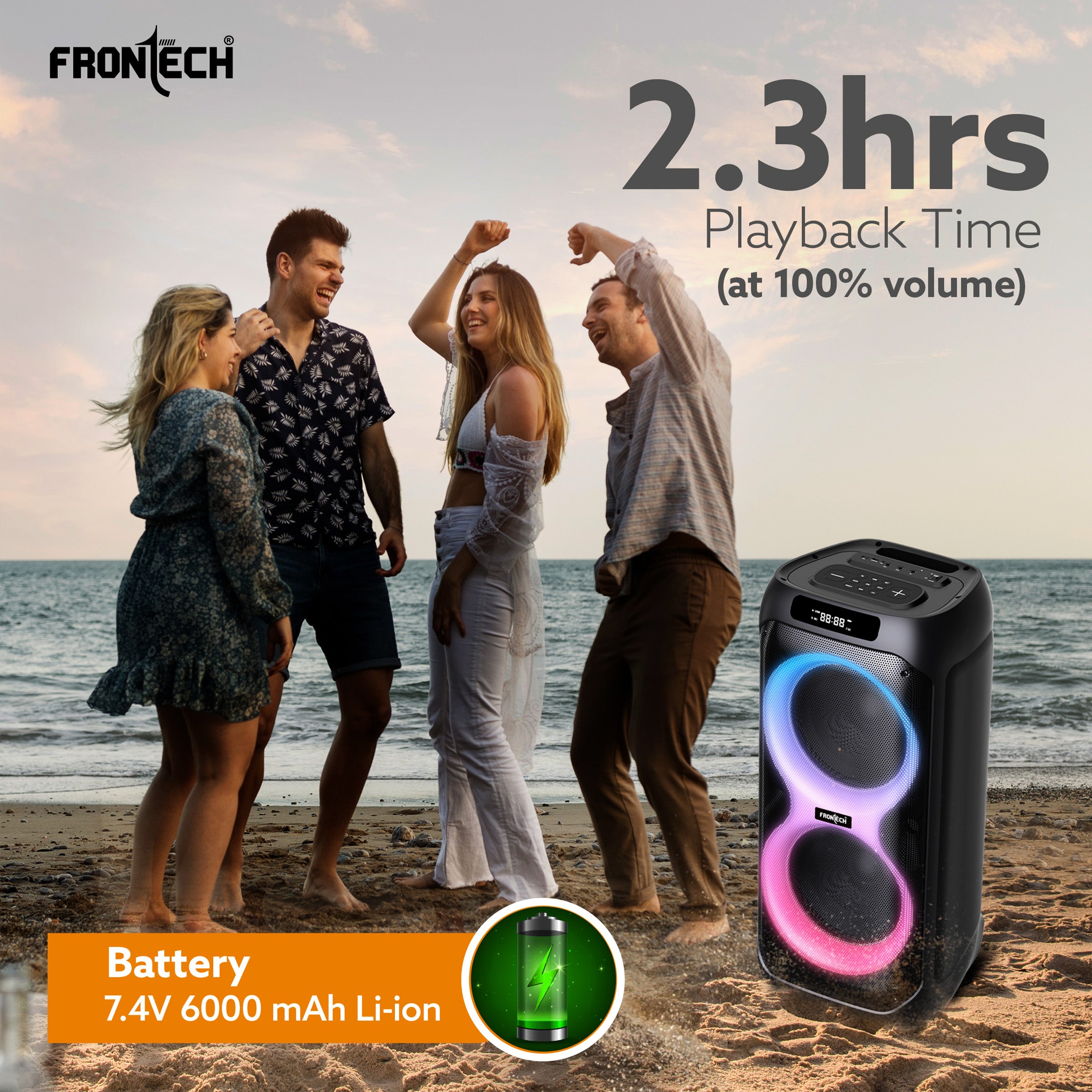 Frontech SMASH PRO-22P 100W Portable Party Speaker | True Wireless| Karaoke Function with Wireless Mic | RGB LED Disco Lighting | Bluetooth 5.0 | FM Radio| USB, TF, AUX| Type-C Charging Port | 1 Year Limited Warranty (SW-0022P)