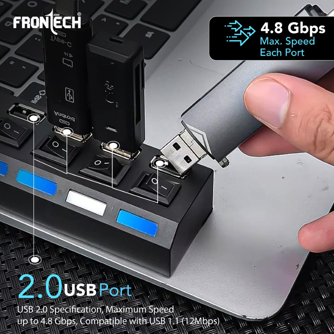 4-Port USB 2.0 Hub | Switches & LED Indicators, 480 Mbps Speed, Fuse Protection (NC-0033)