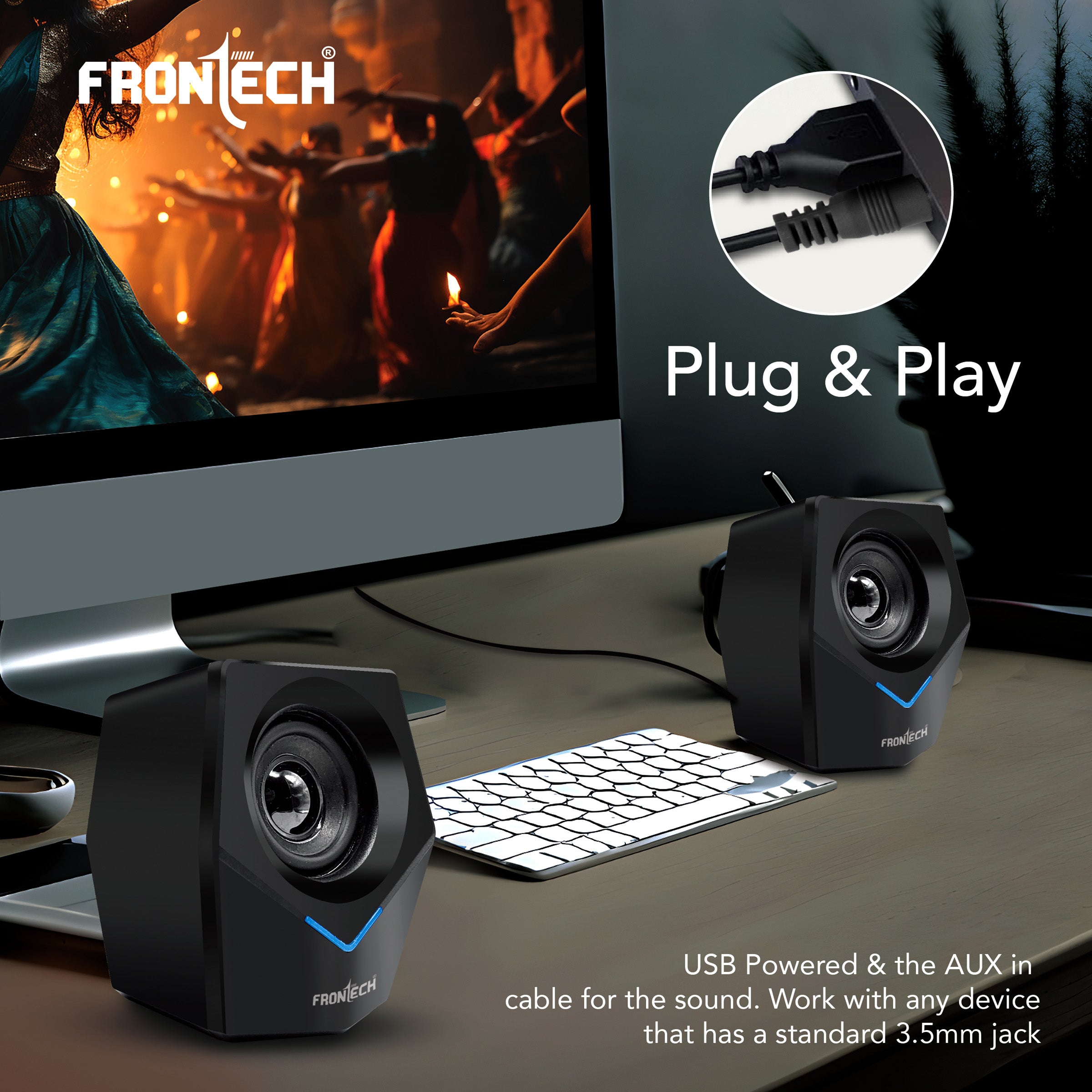 FRONTECH 2.0 Multimedia Speakers: 10W USB-Powered PC/Laptop/Mobile Speakers with 3.5mm AUX & Blue LED Lighting. (SPK-0011)