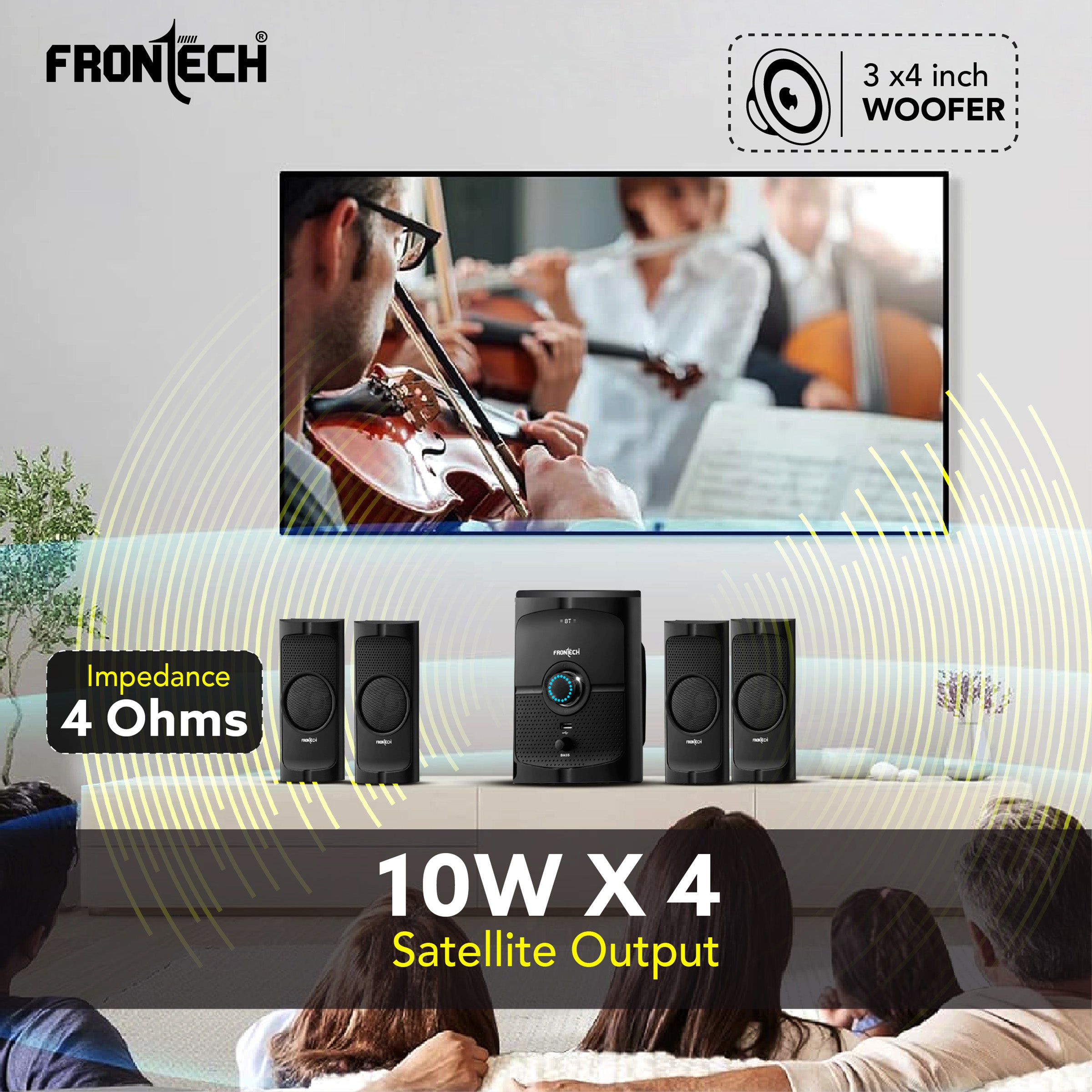 Frontech 4.1 Channel Multimedia Bluetooth Speaker System 60W, Bluetooth Connectivity, Wired Multimedia Computer Speaker, FM, Audio in Speakers, 20mm Subwoofer, Wide Compatibility (SW-0127)