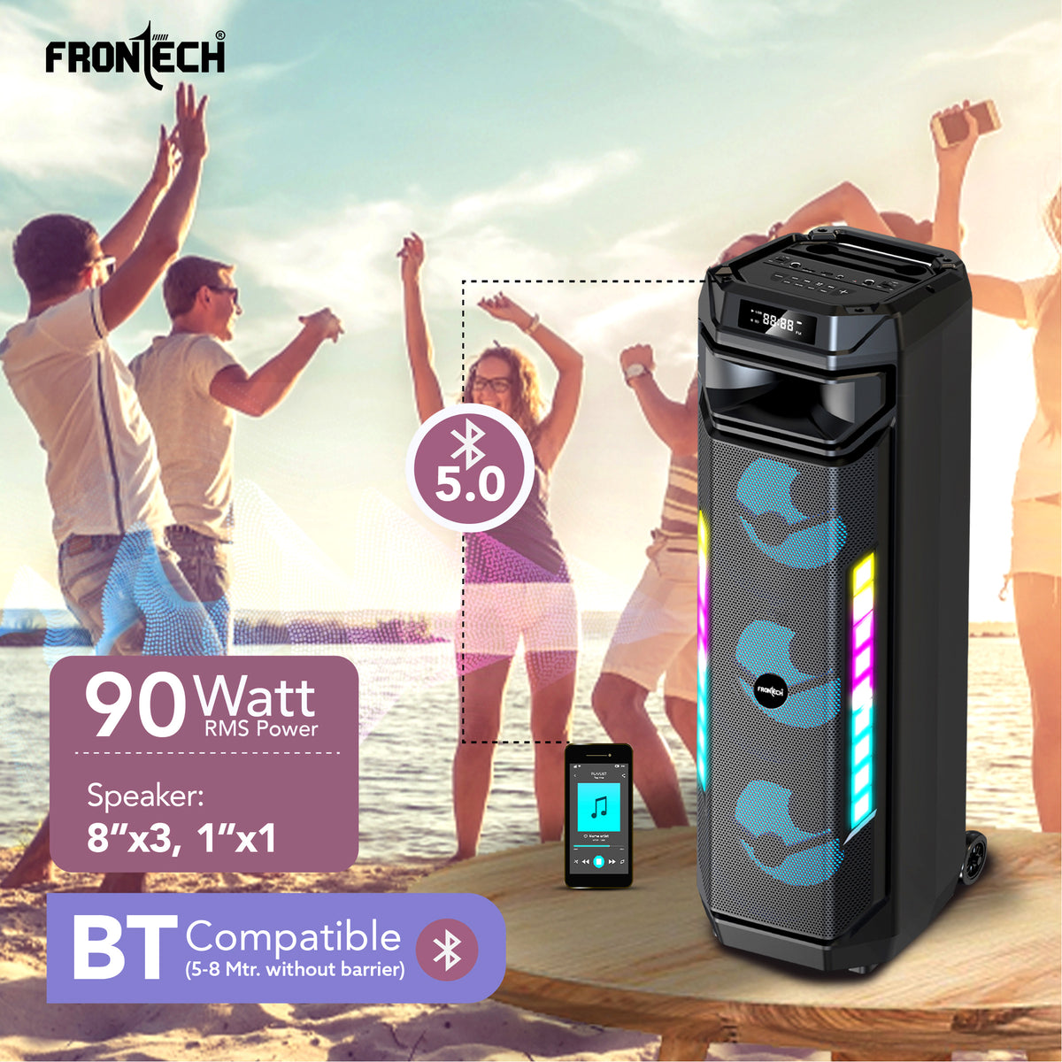 Frontech Smash PRO-20P 90W Trolley Speaker | Karaoke with Wireless Mic | TWS | RGB Lights | BT 5.0 | USB/TF/AUX/FM | 6000mAh Battery | Dual Mic Ports | Recording (SW-0020P).