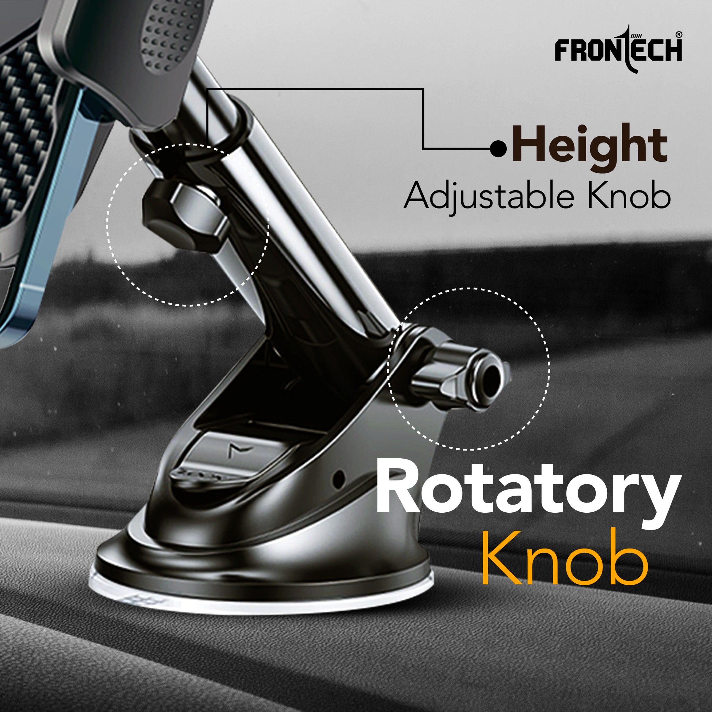 FRONTECH 360° Rotating Car Phone Holder – One-Hand Operation, Adjustable Angle & Height, Anti-Slip Silicone Pad, Strong Sticky Gel Base – Universal Phone Mount for Smart Driving (CCH-0012)