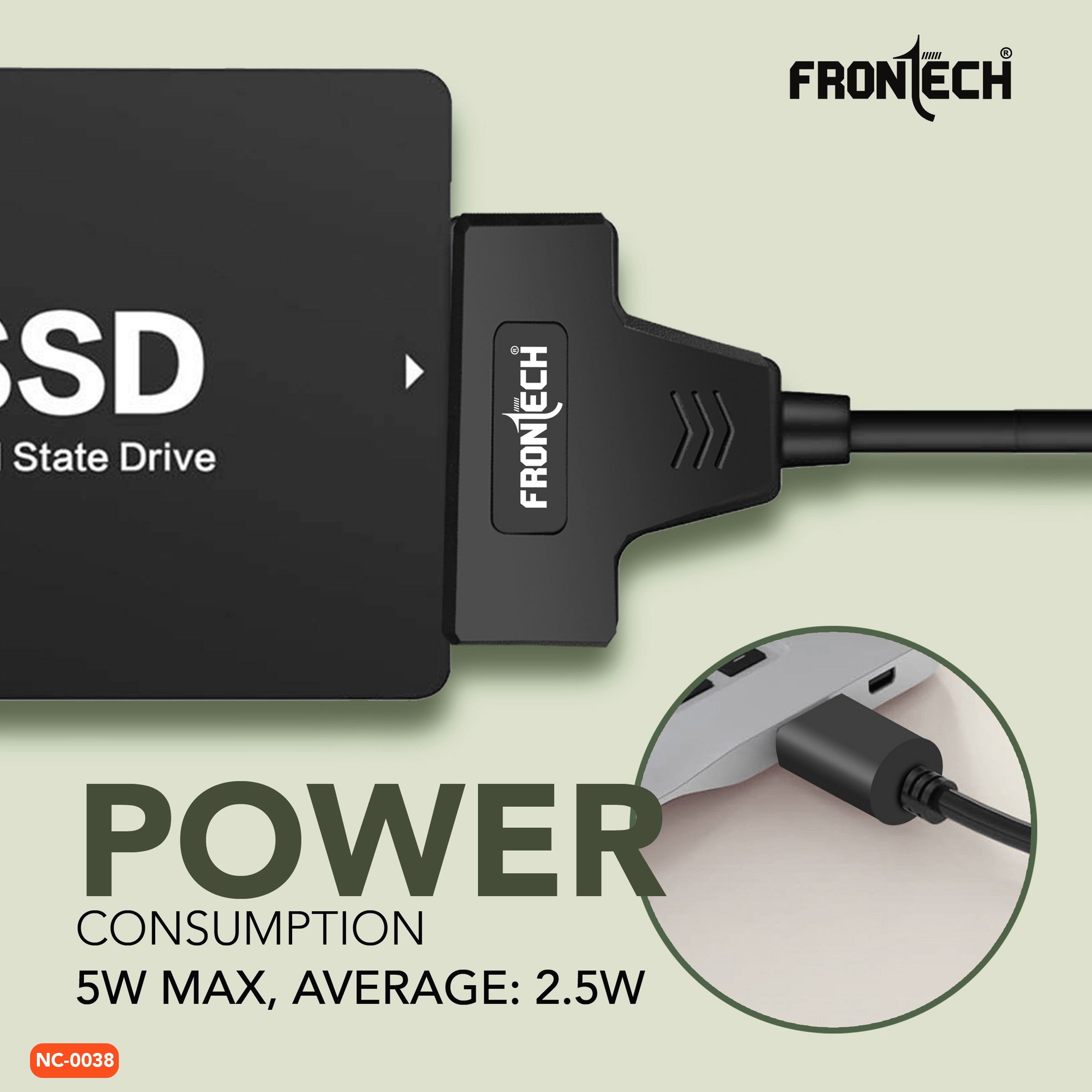 Frontech USB 3.0 to SATA Adapter for 2.5 HDD/SSD with Plug & Play, Durable Material, Super Fast Transfer, Black (NC-0038)