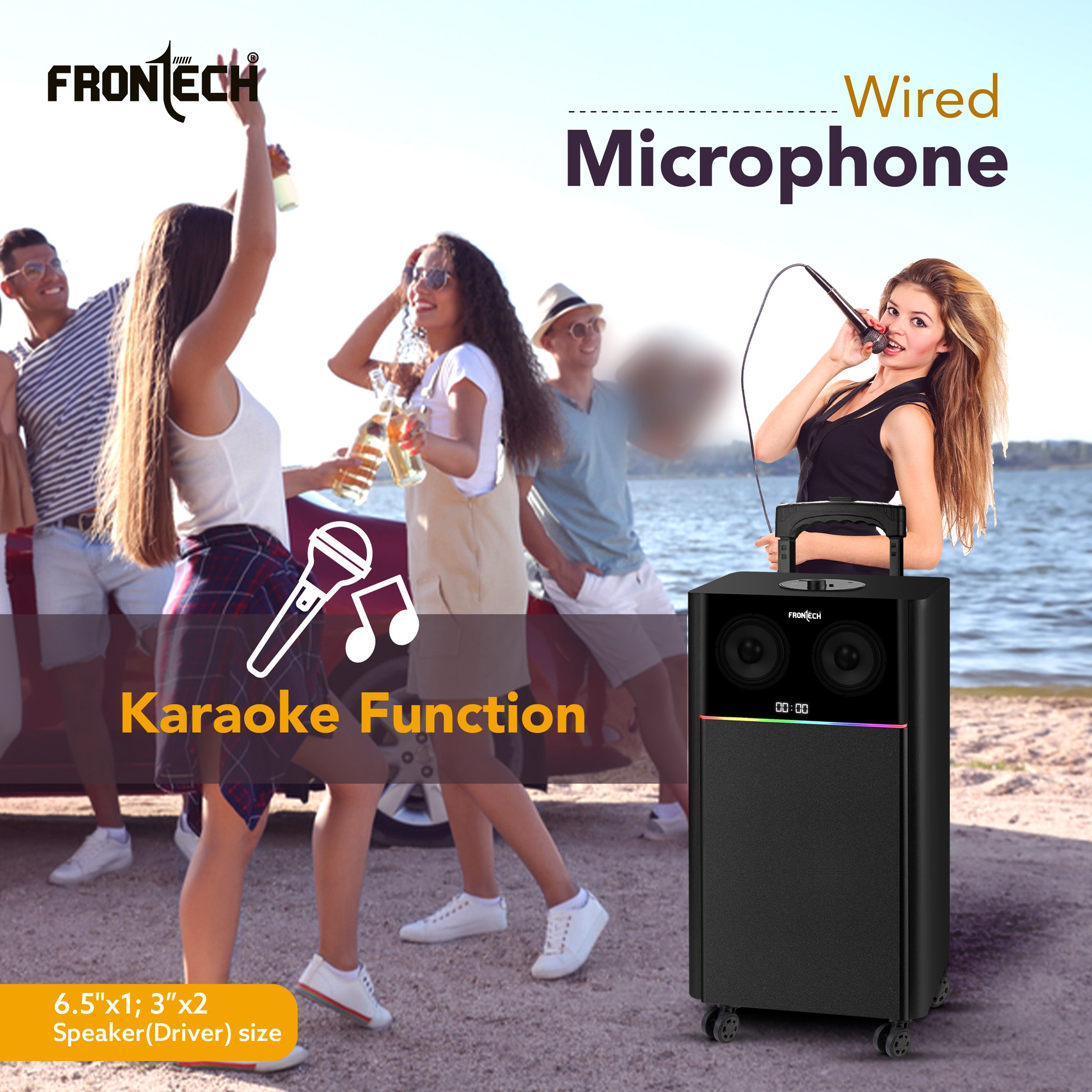 Frontech CRUX-166 | 90W | Tower Speaker with Bluetooth 5.0 | Wired Microphone for Karaoke | FM Radio | USB/AUX/TF Card Support | Portable Trolley Design with Wheels & Handle | LED Display (SW-0166)