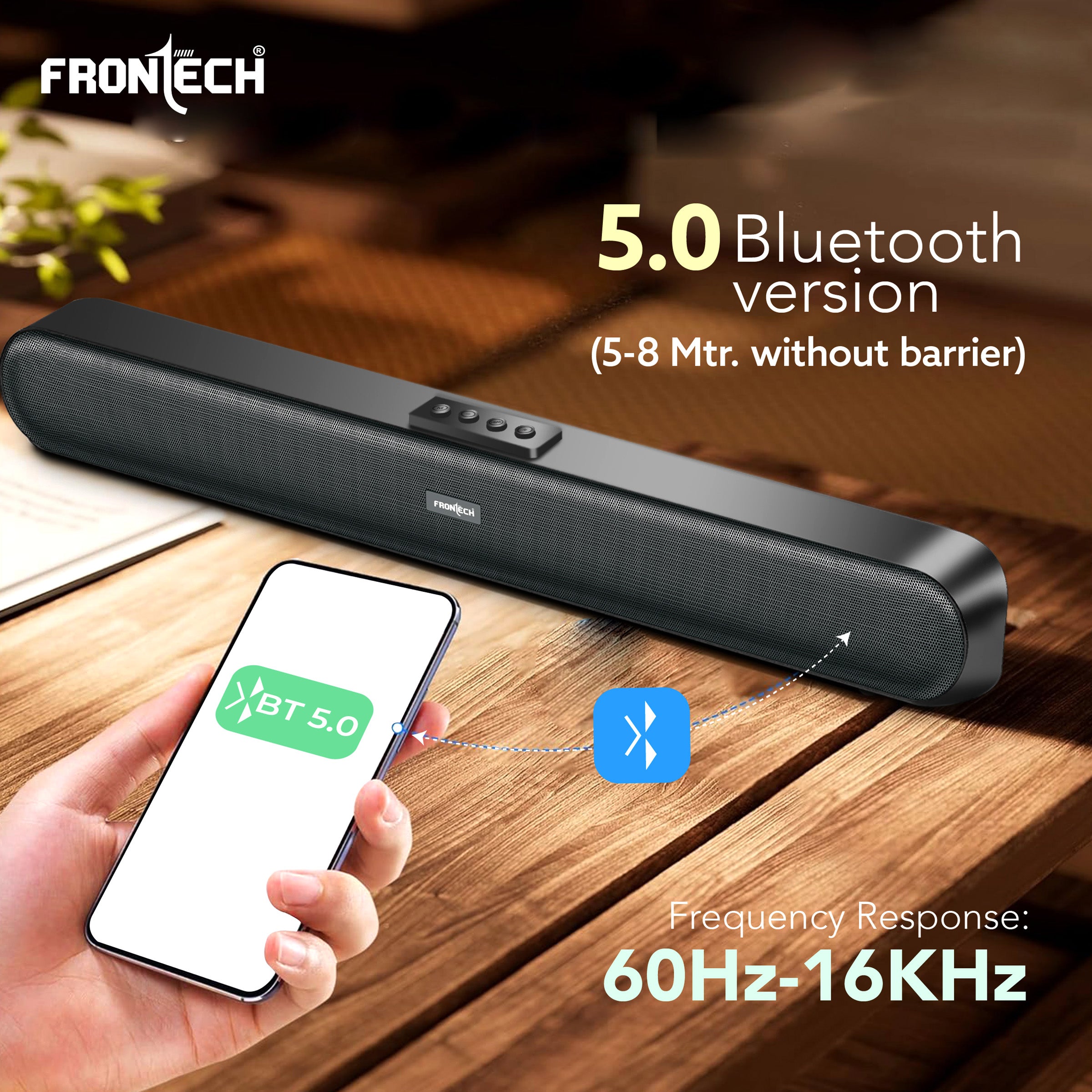 FRONTECH Echolite Mini Soundbar: 40W Bluetooth 5.0 Portable Speaker with AUX, USB, TF Card, and 2400mAh Battery ( SW-0191P)