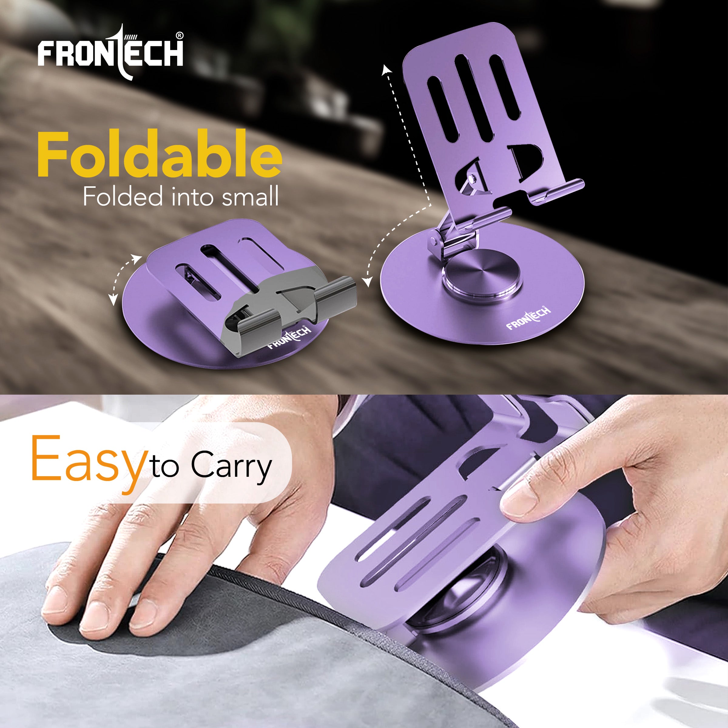 Frontech Mobile Holder, 360° Rotatable & Foldable Mobile Phone Holder With Stable Metallic base,Adjustable Height, Anti Skid Pad,Tabletop Mobile Phone Stand for all Smartphones. (CCH-0014LP)
