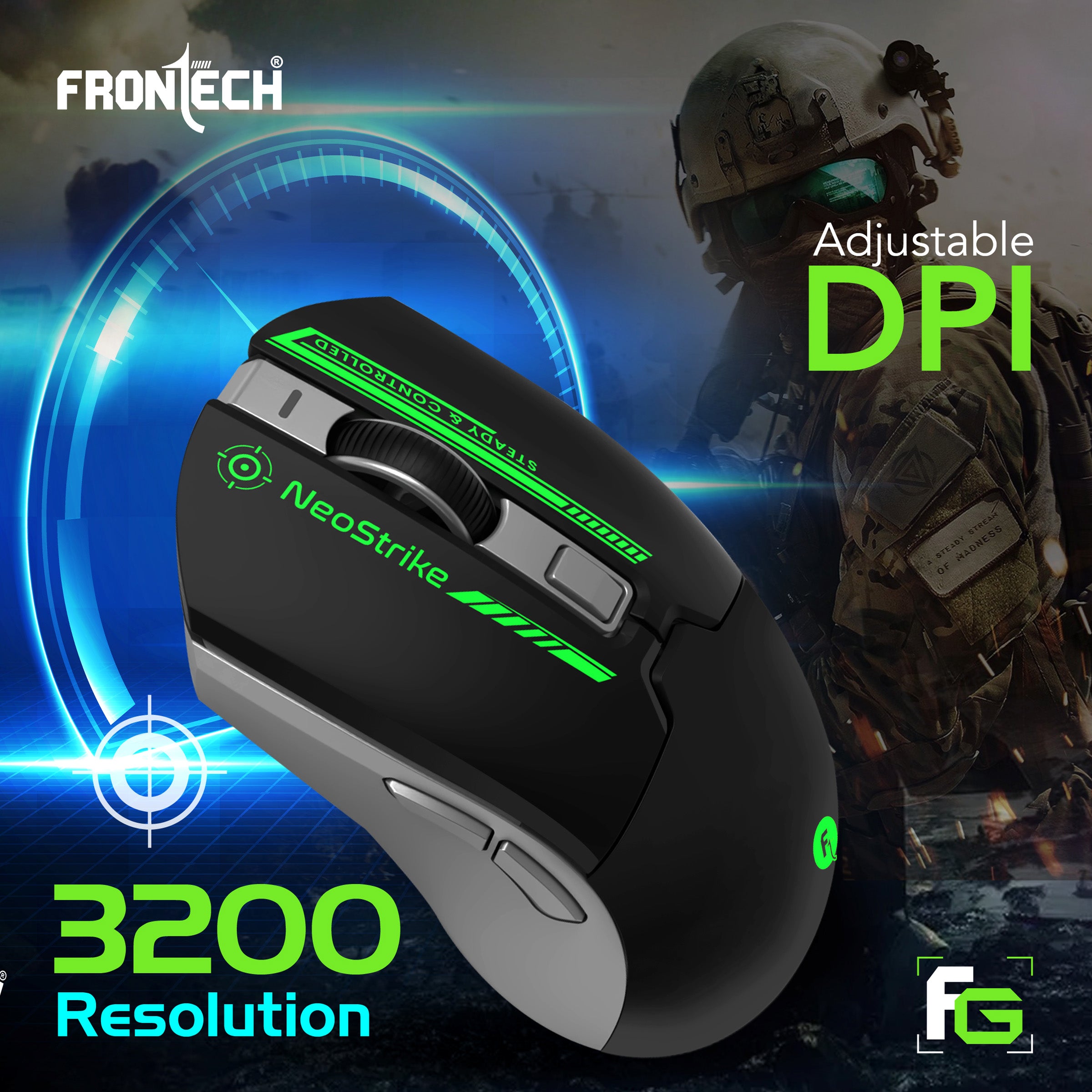 Frontech Neo Strike Wireless Gaming Mouse with 3200DPI, Comfortable & Ergonomic Design, RGB LED Lights, 6 Buttons, in-Built Rechargeable Battery, Power & LED ON/Off Switch.(MS-0059)