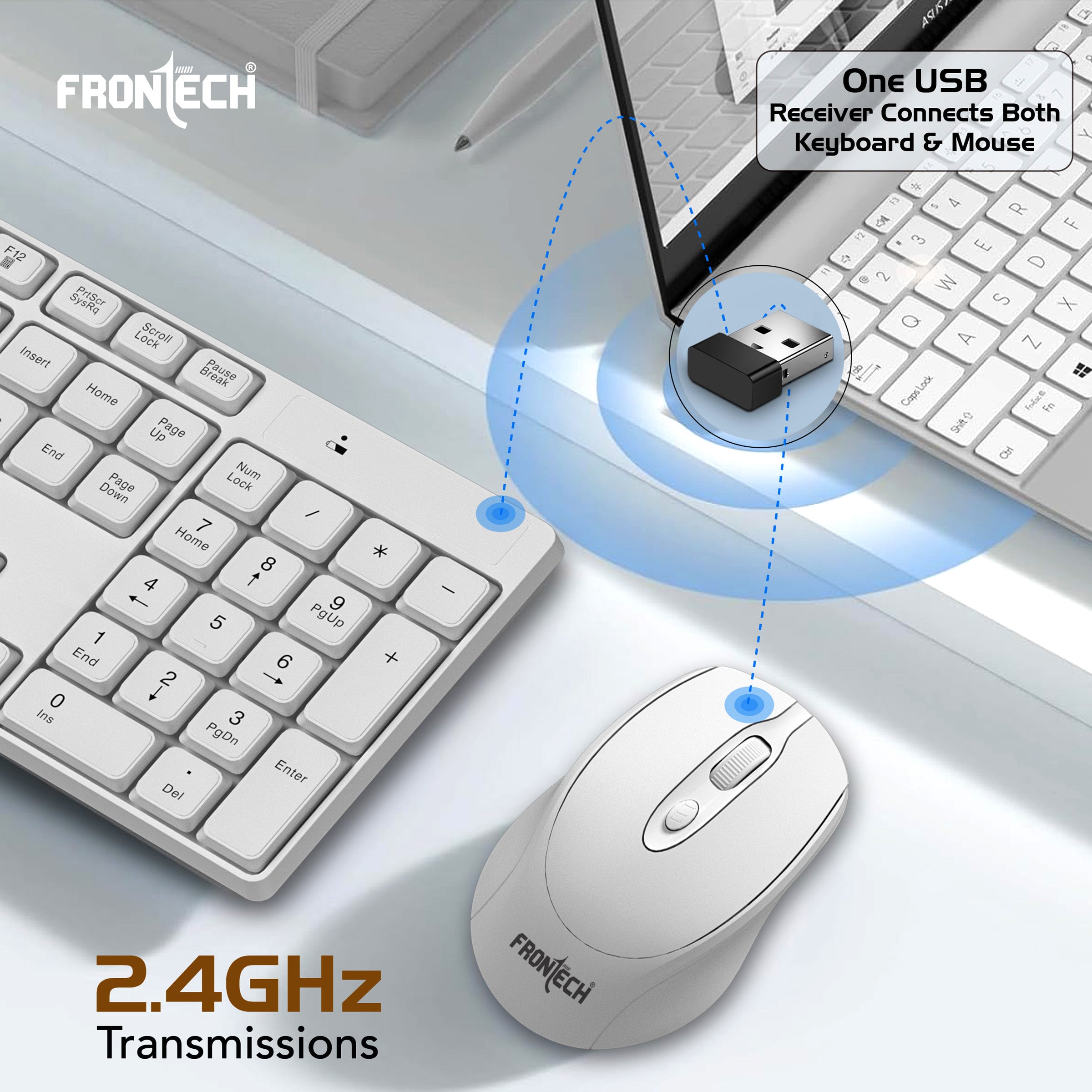 Frontech 2.4Ghz Rechargeable Wireless Keyboard and Mouse|104 Keys|1600 DPI|KB-0031| Combo Set (White)