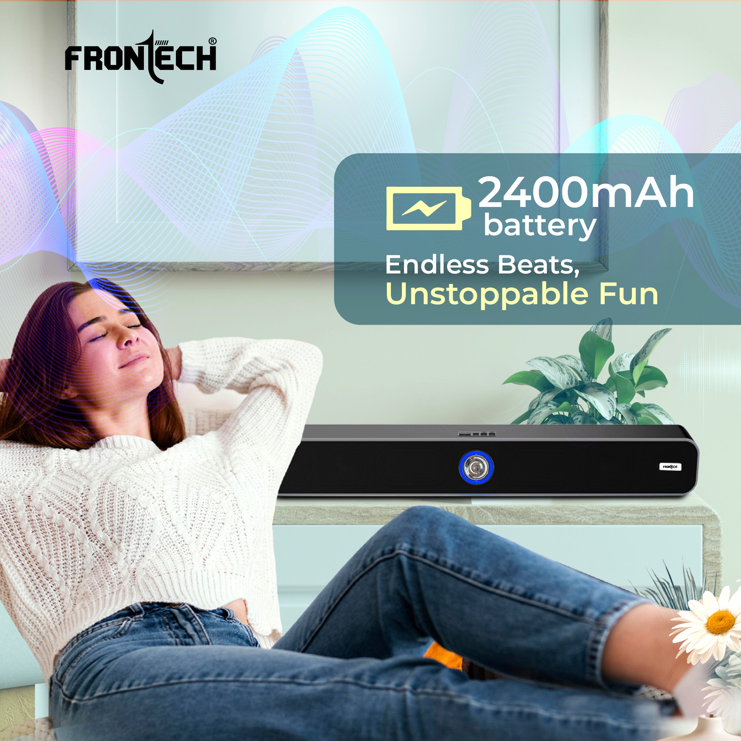 FRONTECH ECHOLITE-71 Mini Soundbar: 40W Bluetooth 5.0 Portable Home Theater Speaker with AUX/USB/TF Card & 2400mAh Battery. (SW-0071)