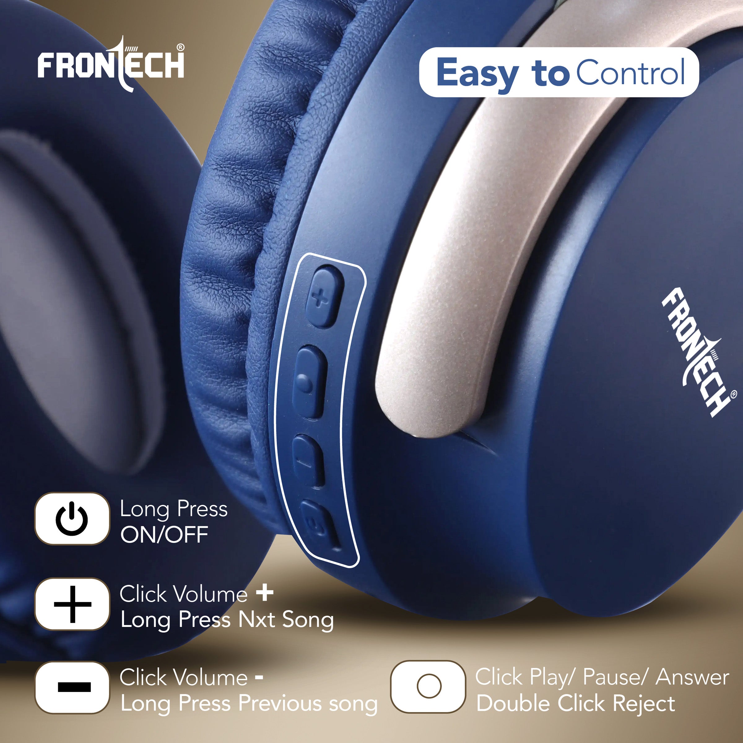 FRONTECH QHP-370 Wireless Headphones: 36HRS Playtime, 40mm Drivers, Dual Mode (BT 5.1 & AUX) - Deep Blue. (EF-0078)