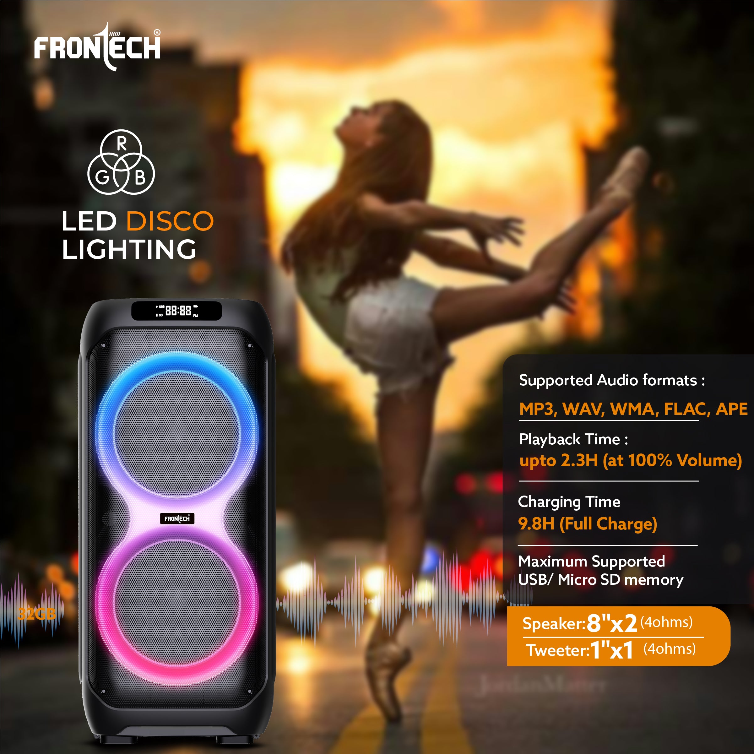 Frontech SMASH PRO-22P 100W Portable Party Speaker | True Wireless| Karaoke Function with Wireless Mic | RGB LED Disco Lighting | Bluetooth 5.0 | FM Radio| USB, TF, AUX| Type-C Charging Port | 1 Year Limited Warranty (SW-0022P)