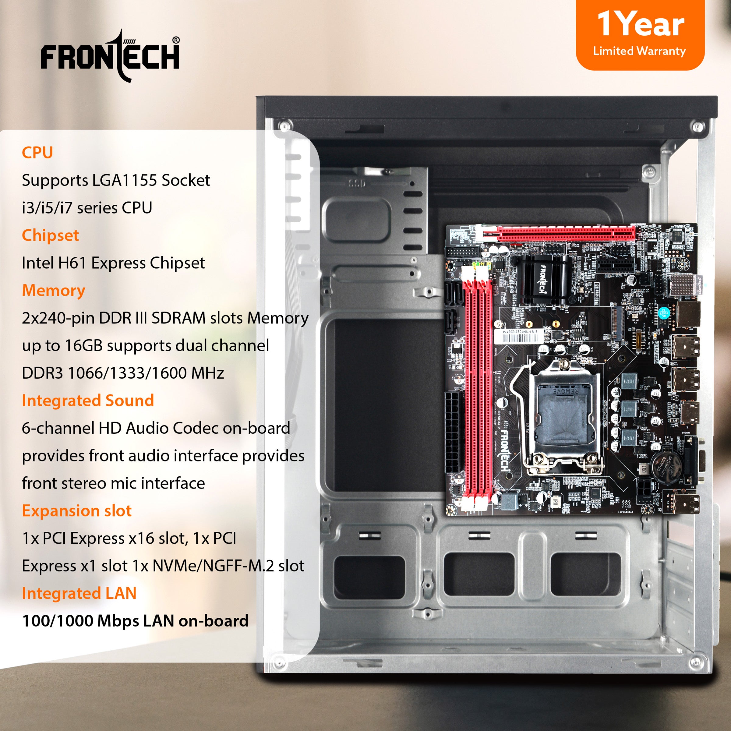 H61 Motherboard | LGA1155, 2xDDR3, Supports Pentium/i3/i5/i7, 6+4 USB, 3xSATA, NVMe/M.2, HDMI, VGA, PCIe x16 (FT-0470)