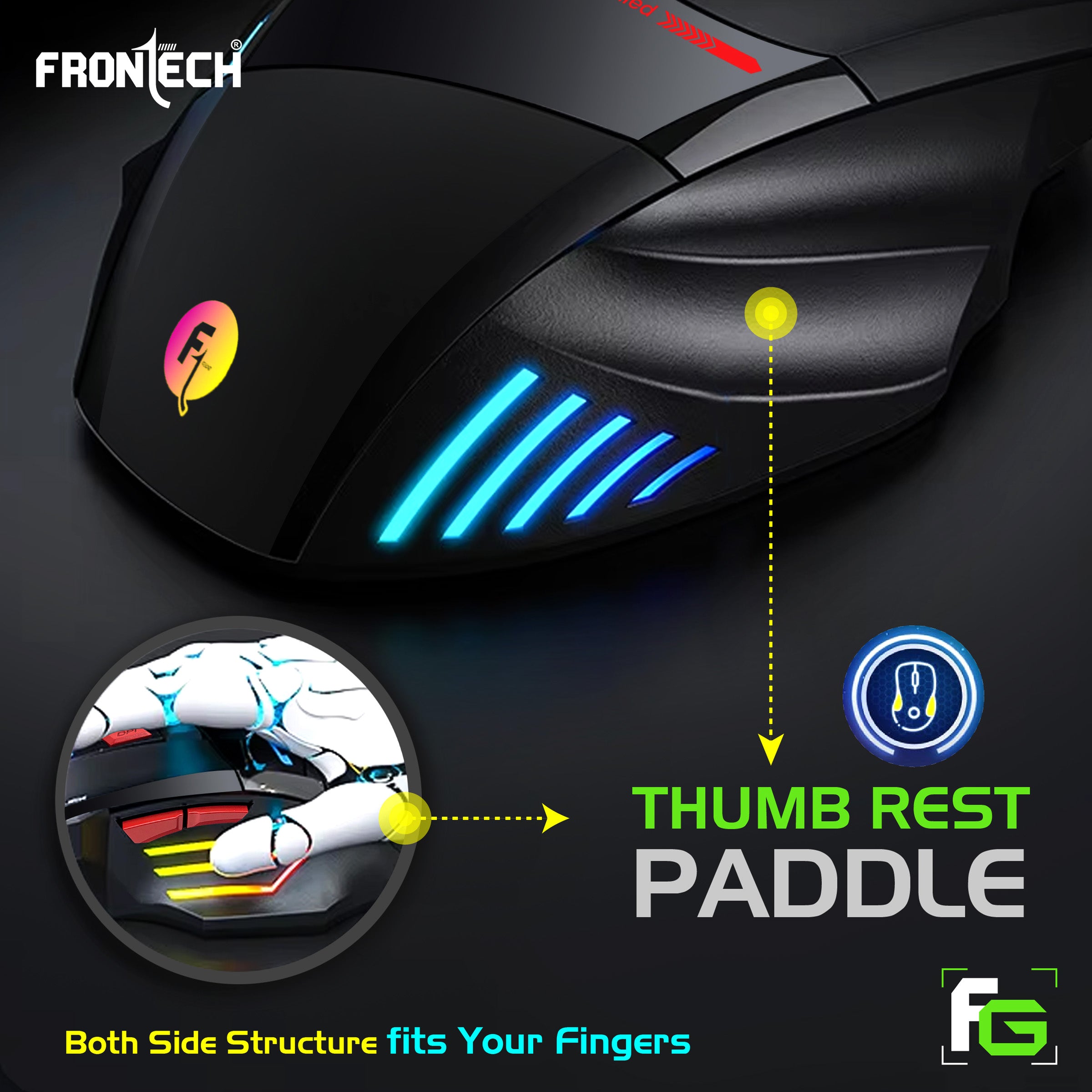 Frontech AeroStrike USB Wired Gaming Mouse with Upto 7200 DPI Gaming Sensor | 7 Buttons Design | Rainbow Lighting with Breathing Effect | 1.5m Braided Cable (MS-0083)