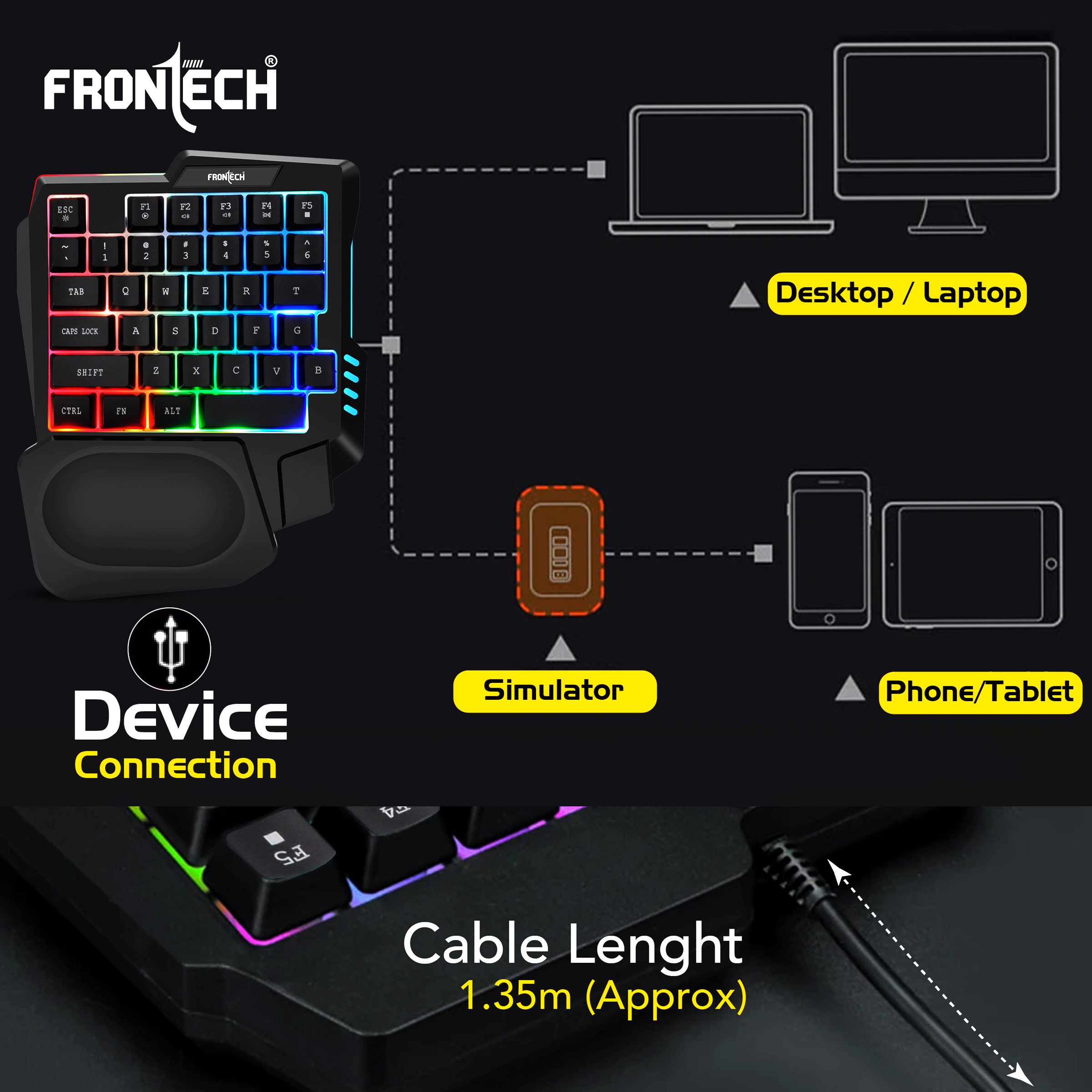 Frontech KB-0008P Dragon Fox Rainbow Backlit Gaming Keyboard | 35 Anti-Ghosting & Mechanical Keys | USB Wired Compact Keyboard for PC & Laptop | Windows Compatible | Plug & Play