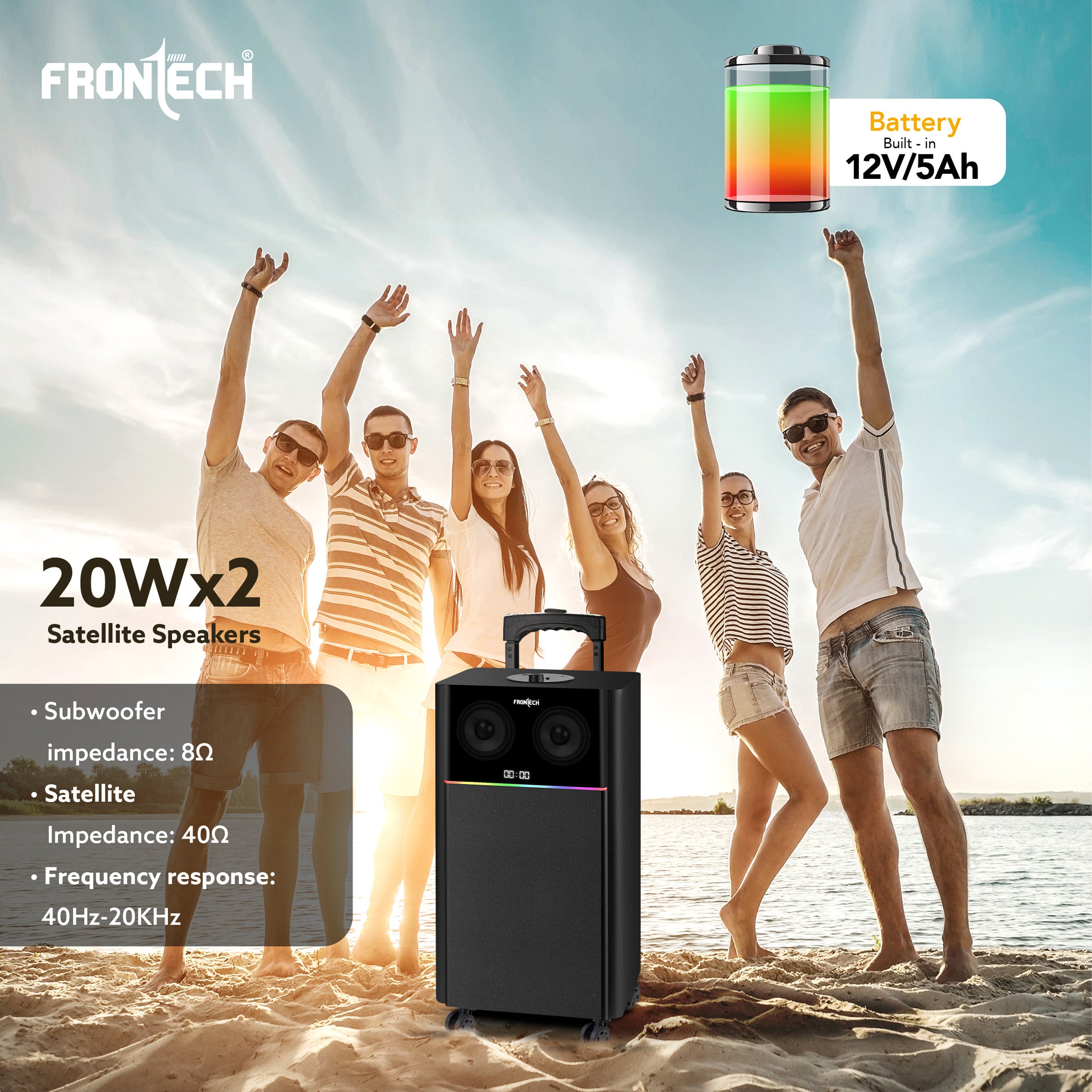 Frontech CRUX-166 | 90W | Tower Speaker with Bluetooth 5.0 | Wired Microphone for Karaoke | FM Radio | USB/AUX/TF Card Support | Portable Trolley Design with Wheels & Handle | LED Display (SW-0166)