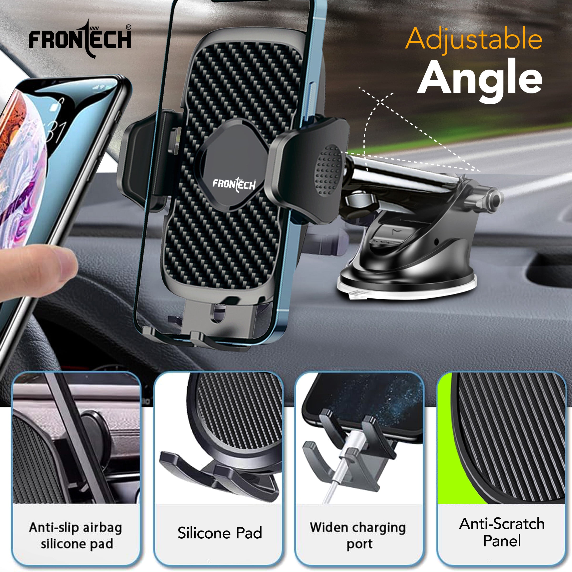 FRONTECH 360° Rotating Car Phone Holder – One-Hand Operation, Adjustable Angle & Height, Anti-Slip Silicone Pad, Strong Sticky Gel Base – Universal Phone Mount for Smart Driving (CCH-0012)