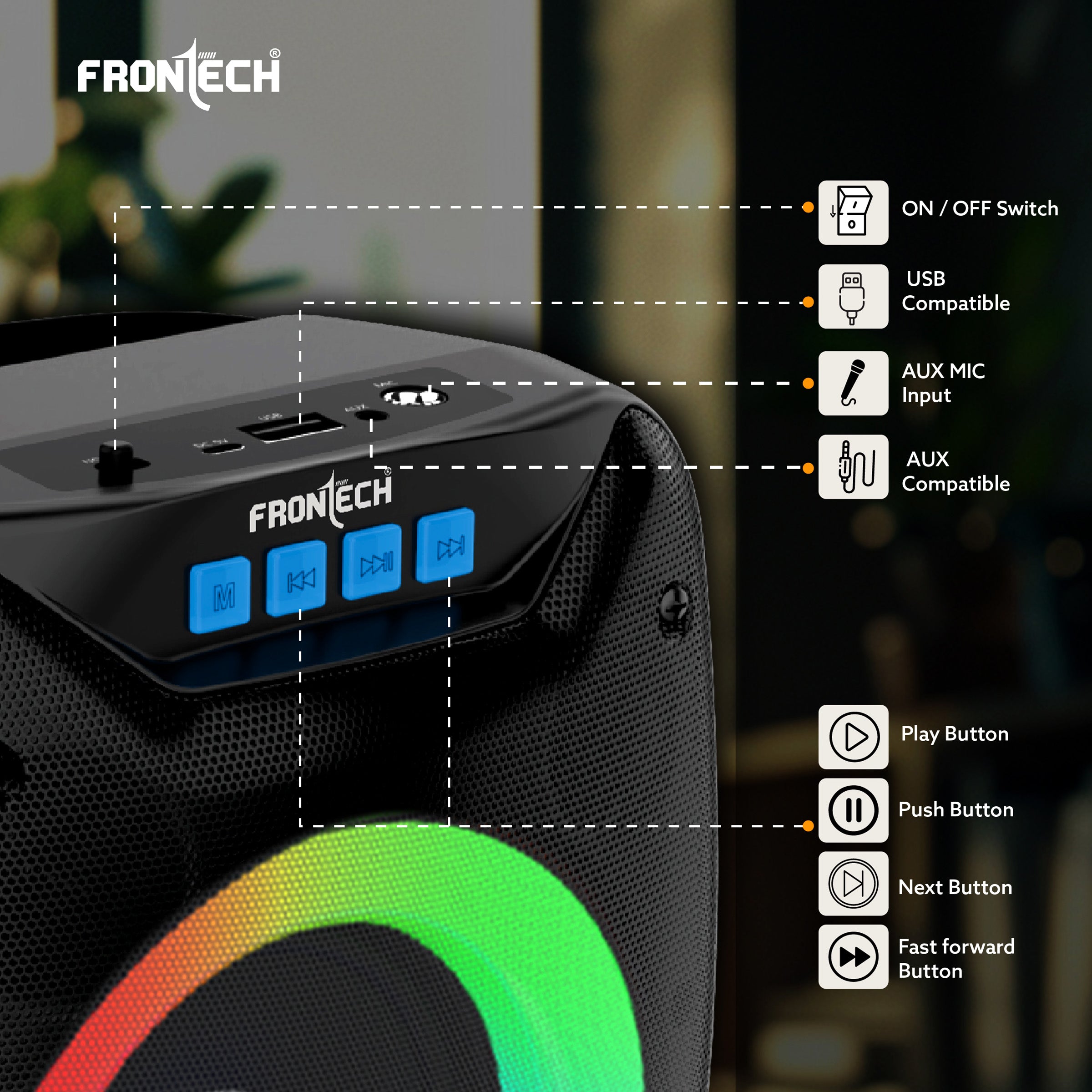 FRONTECH Immerse Yourself in Rich Audio Multi-Media Speaker with BT 5.0 | AUX | MIC | USB | FM | 3W Output Power (SW-0185)