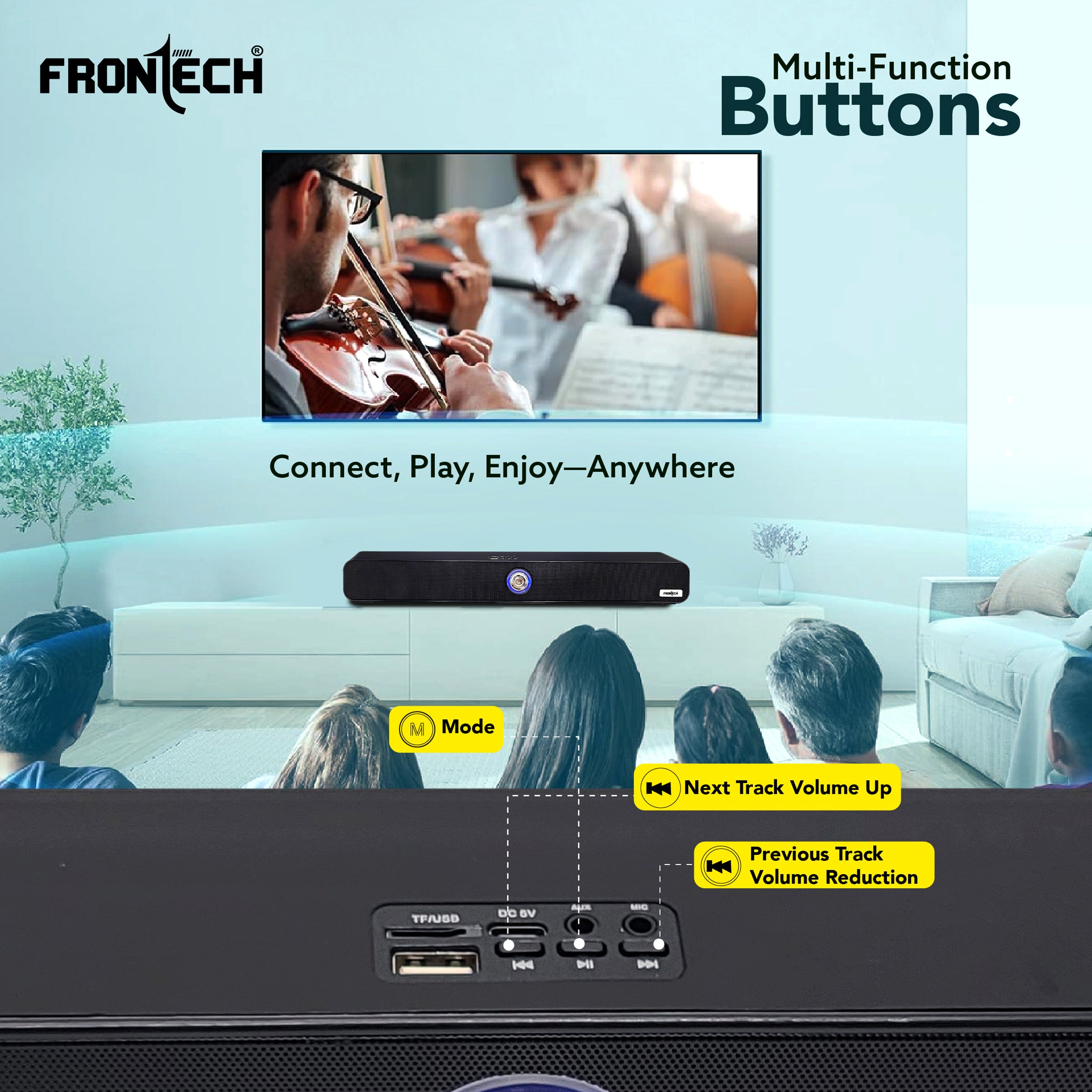 FRONTECH ECHOLITE-71 Mini Soundbar: 40W Bluetooth 5.0 Portable Home Theater Speaker with AUX/USB/TF Card & 2400mAh Battery. (SW-0071)