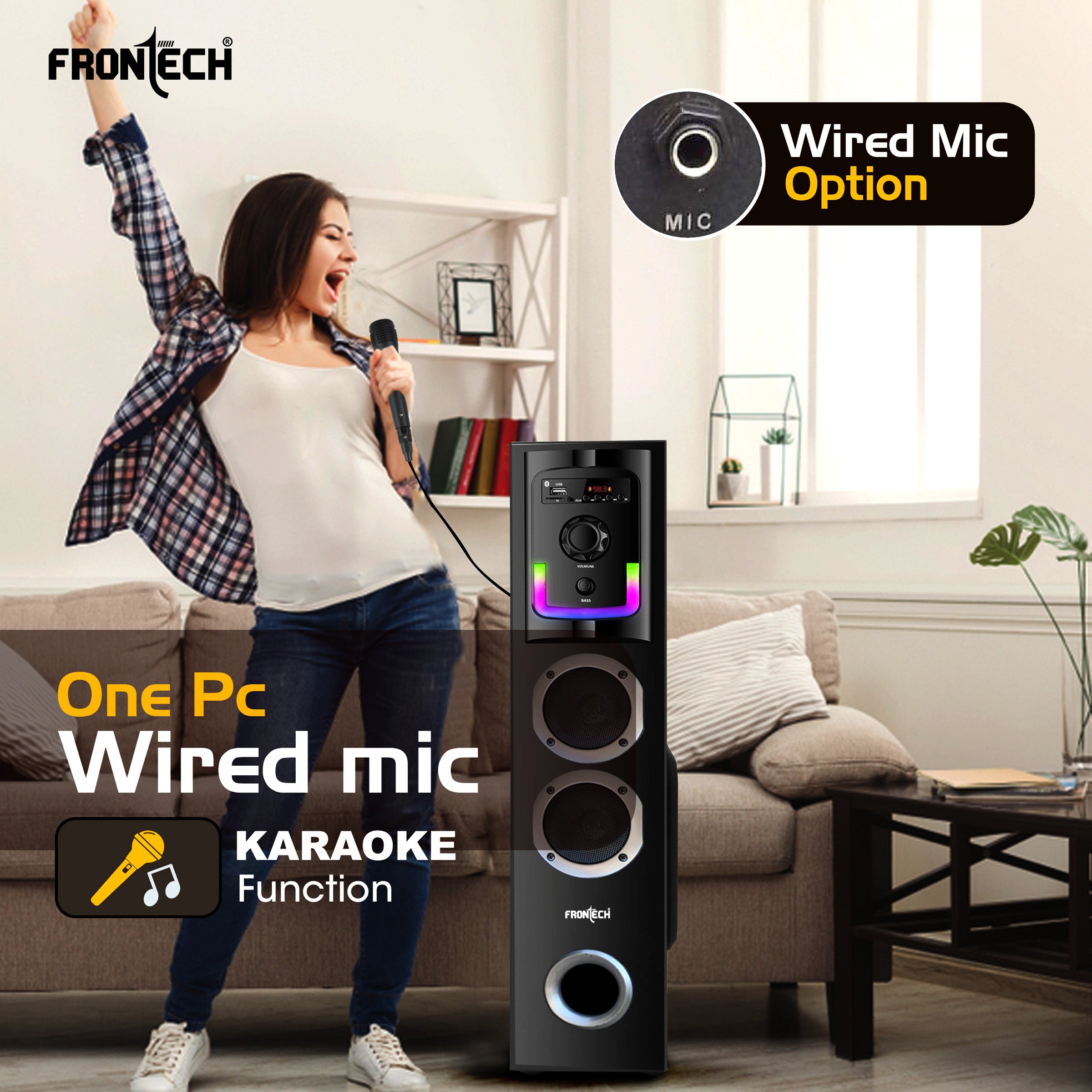 Frontech CRUX-167 60W Bluetooth Tower Speaker|1.0 Tower design | Wired Mic | RGB Lighting | Remote Control | Built-in FM Radio| BT Connectivity | USB | Karaoke, TV, PC & Smartphone Compatible (SW-0167)