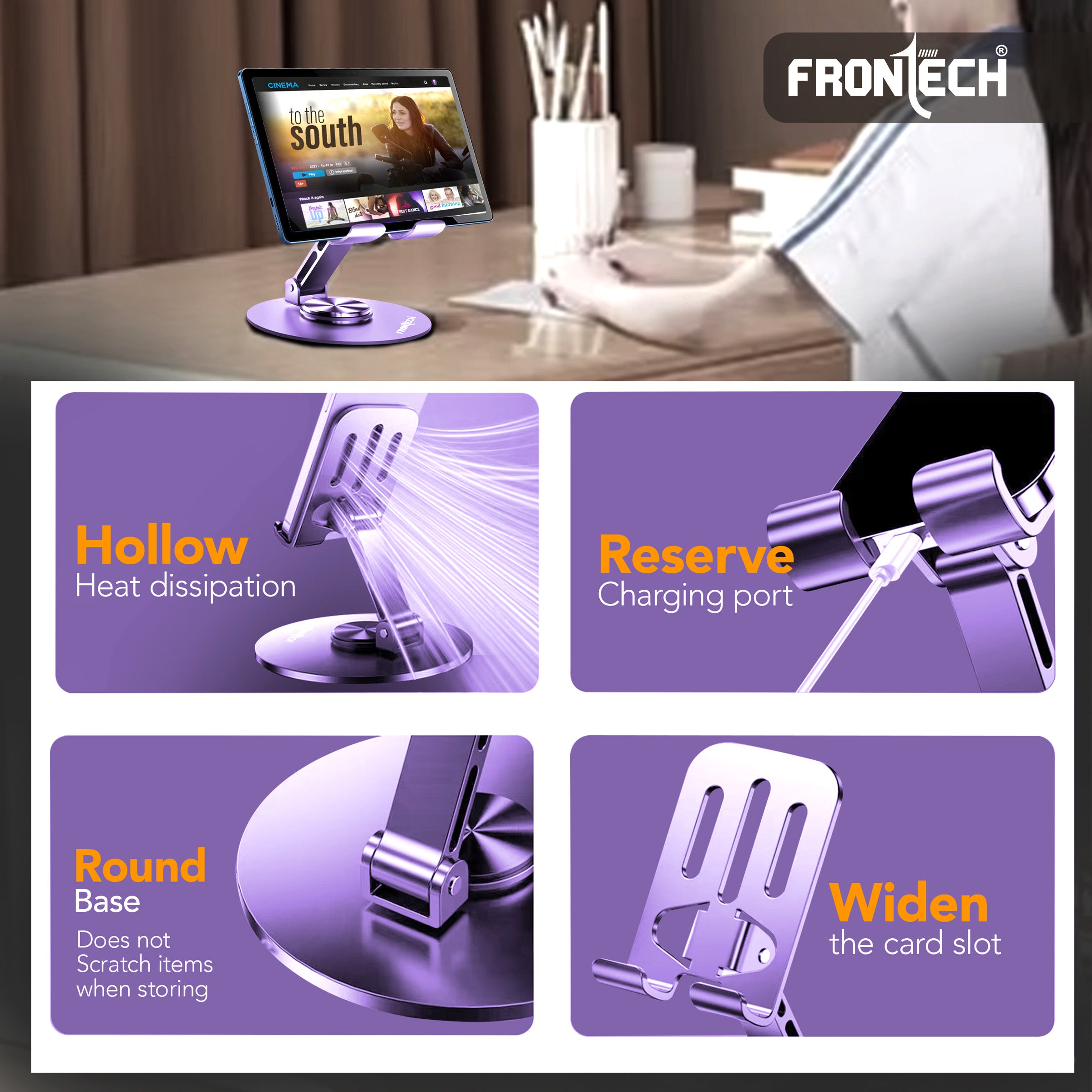 Frontech Mobile Holder, 360° Rotatable & Foldable Mobile Phone Holder With Stable Metallic base,Adjustable Height, Anti Skid Pad,Tabletop Mobile Phone Stand for all Smartphones. (CCH-0014LP)
