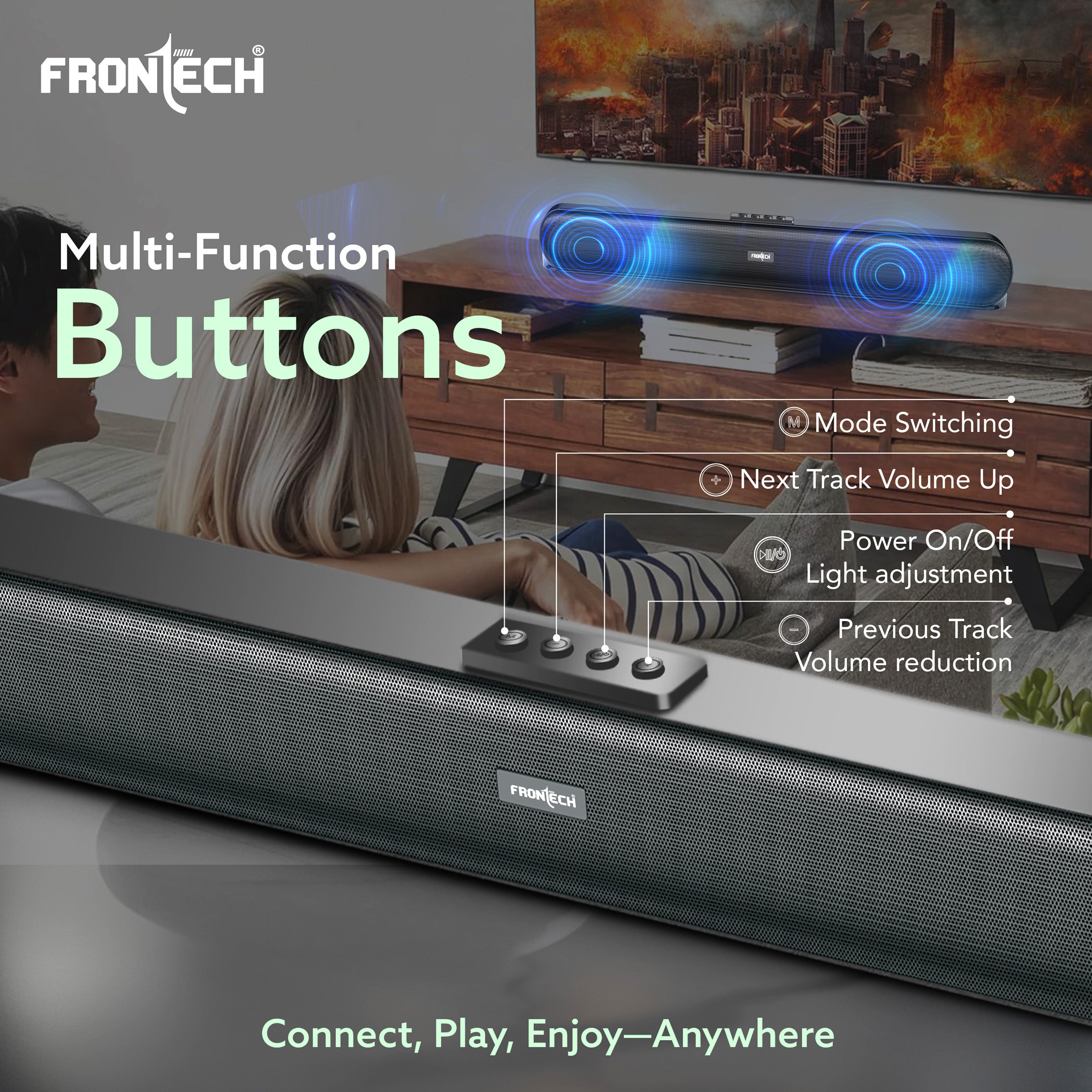 FRONTECH Echolite Mini Soundbar: 40W Bluetooth 5.0 Portable Speaker with AUX, USB, TF Card, and 2400mAh Battery ( SW-0191P)