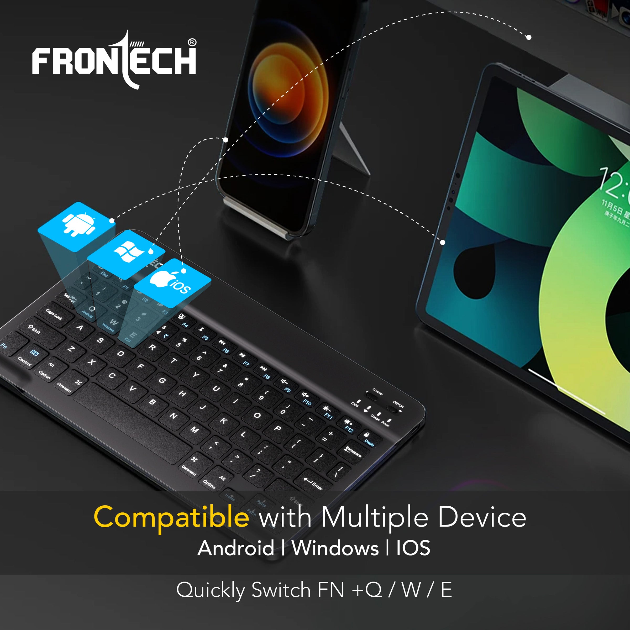 Frontech Ultra-Slim Wireless Mini Bluetooth Keyboard with 78 Keys, Rechargeable Battery, Compact Design for Windows/Mac/Android/iOS – Black (FT-1603A)