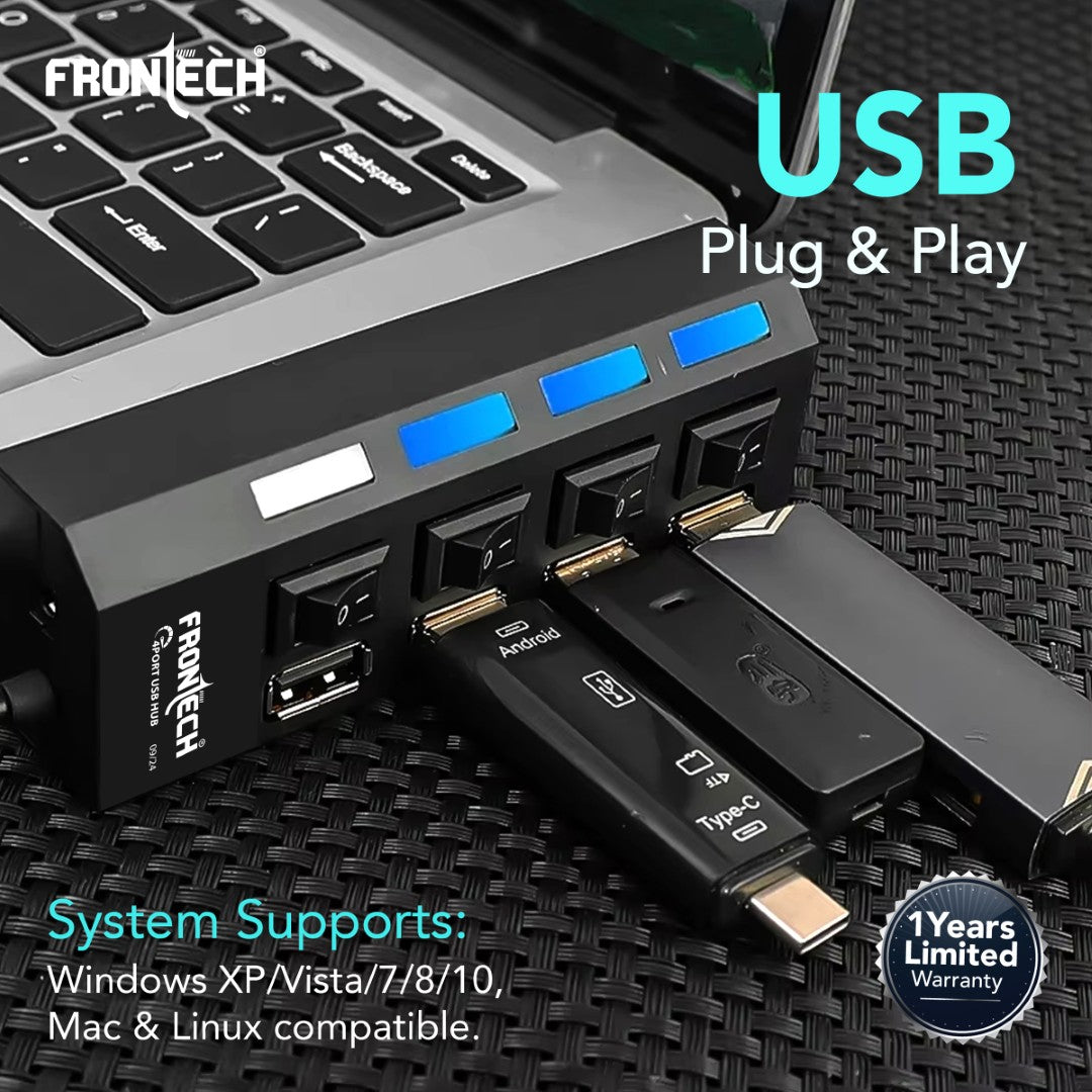 4-Port USB 2.0 Hub | Switches & LED Indicators, 480 Mbps Speed, Fuse Protection (NC-0033)